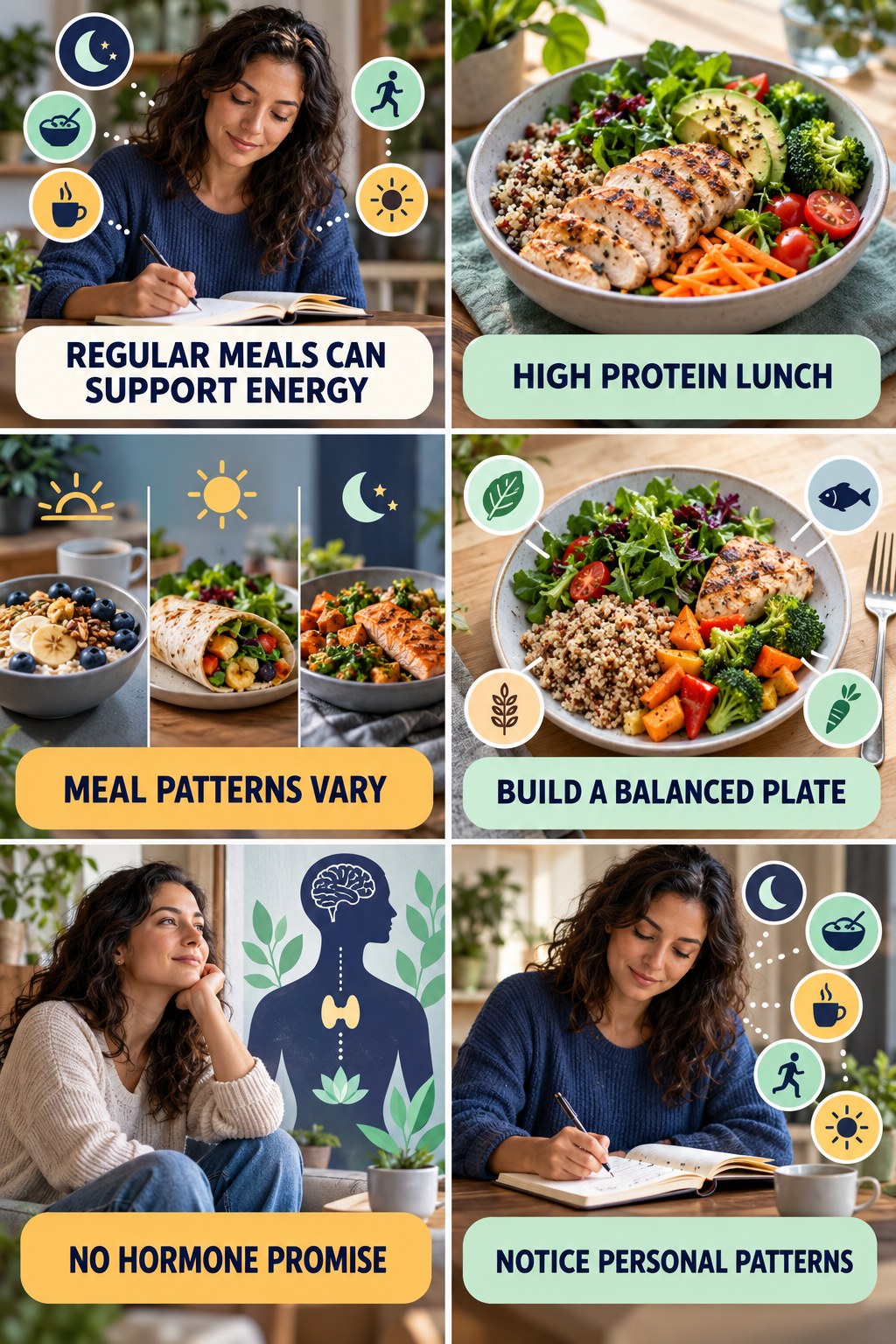 Regular Meals Can Support Daily Energy natural-energy and hormone-health-literacy infographic for High Protein Lunch with four practical checks.