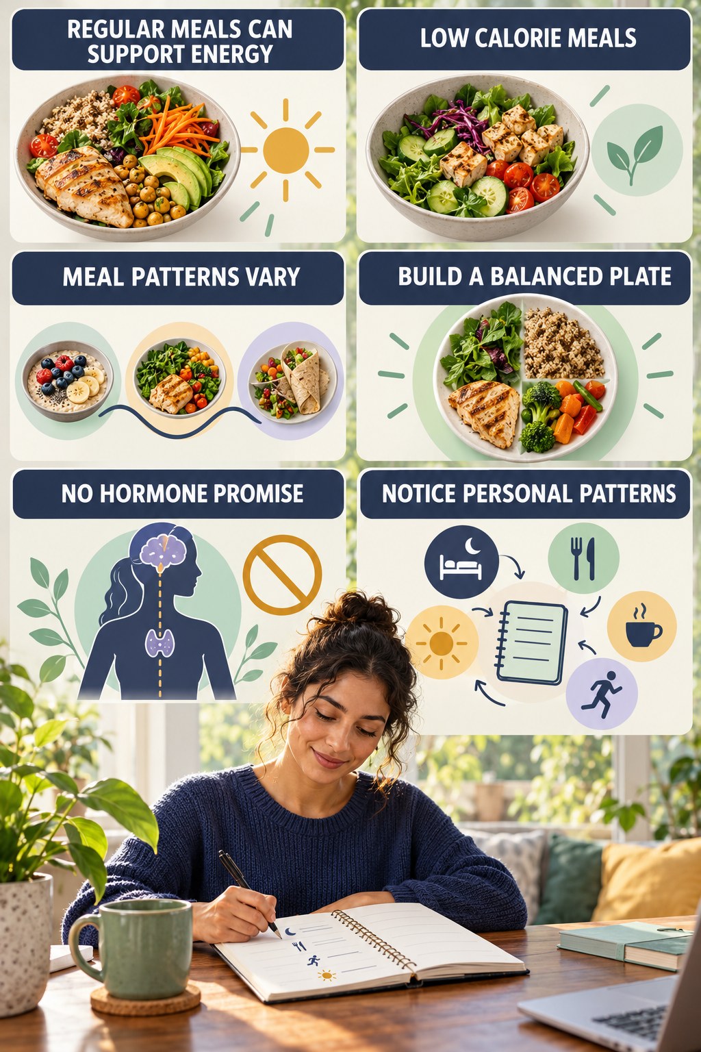Regular Meals Can Support Daily Energy natural-energy and hormone-health-literacy infographic for Low Calorie Meals with four practical checks.