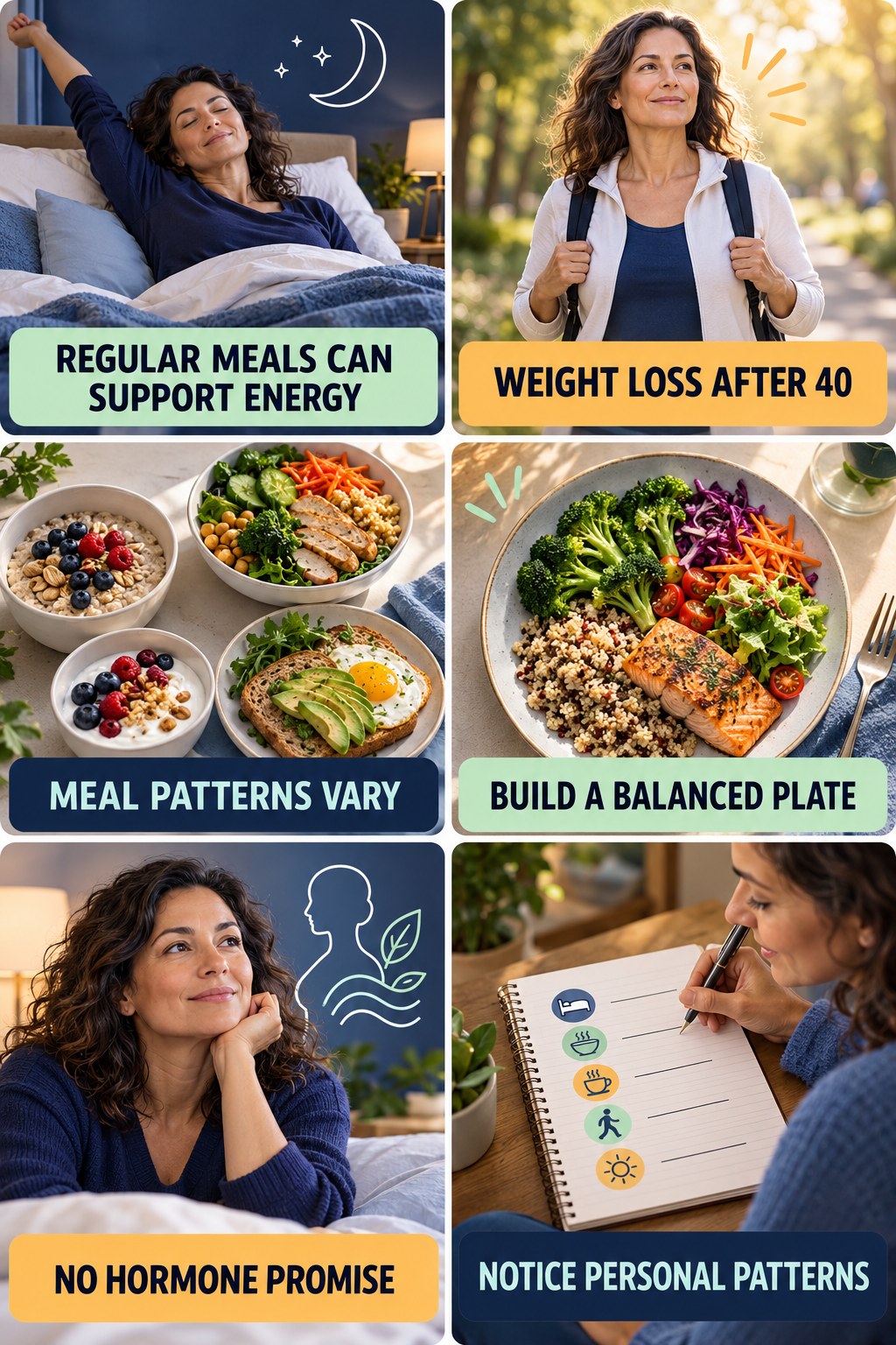 Regular Meals Can Support Daily Energy natural-energy and hormone-health-literacy infographic for Weight Loss After 40 with four practical checks.