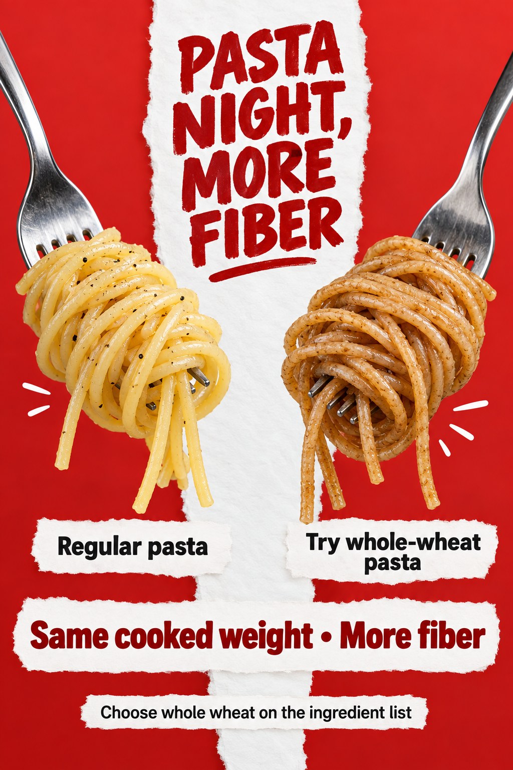 Red torn-paper poster compares regular and whole-wheat spaghetti on forks with a same-cooked-weight more-fiber message.