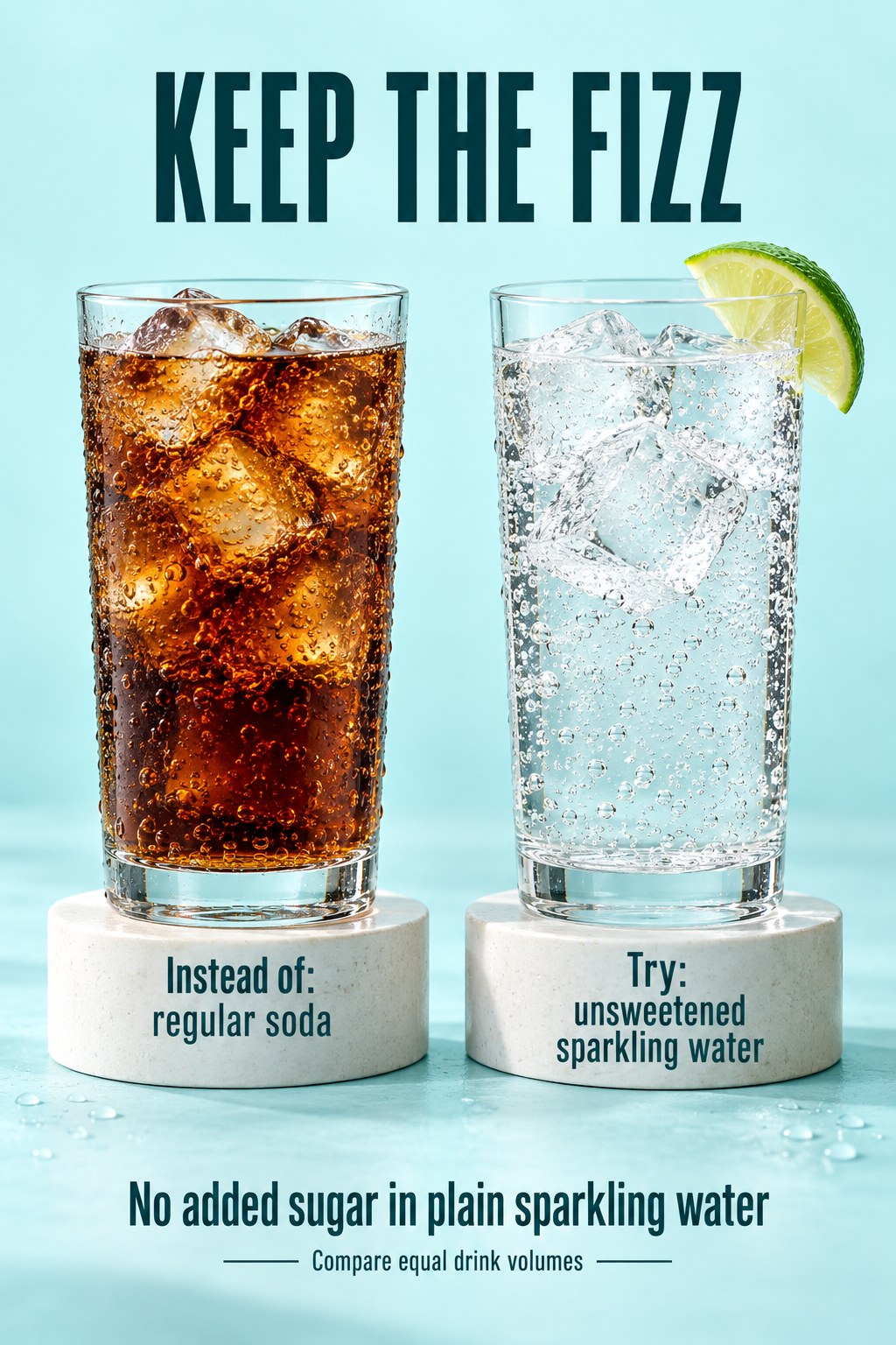 Equal-size glasses of regular soda and plain sparkling water with lime, labeled with a no-added-sugar callout.