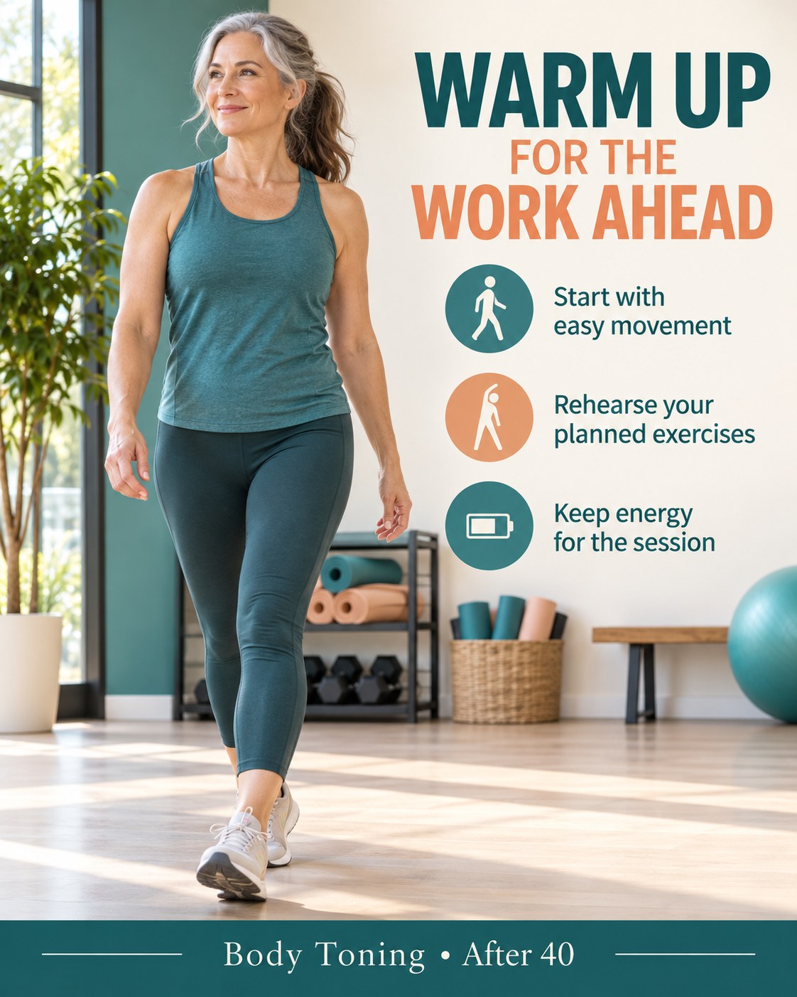 A middle-aged adult walking comfortably in a bright gym with light weights safely stored nearby.