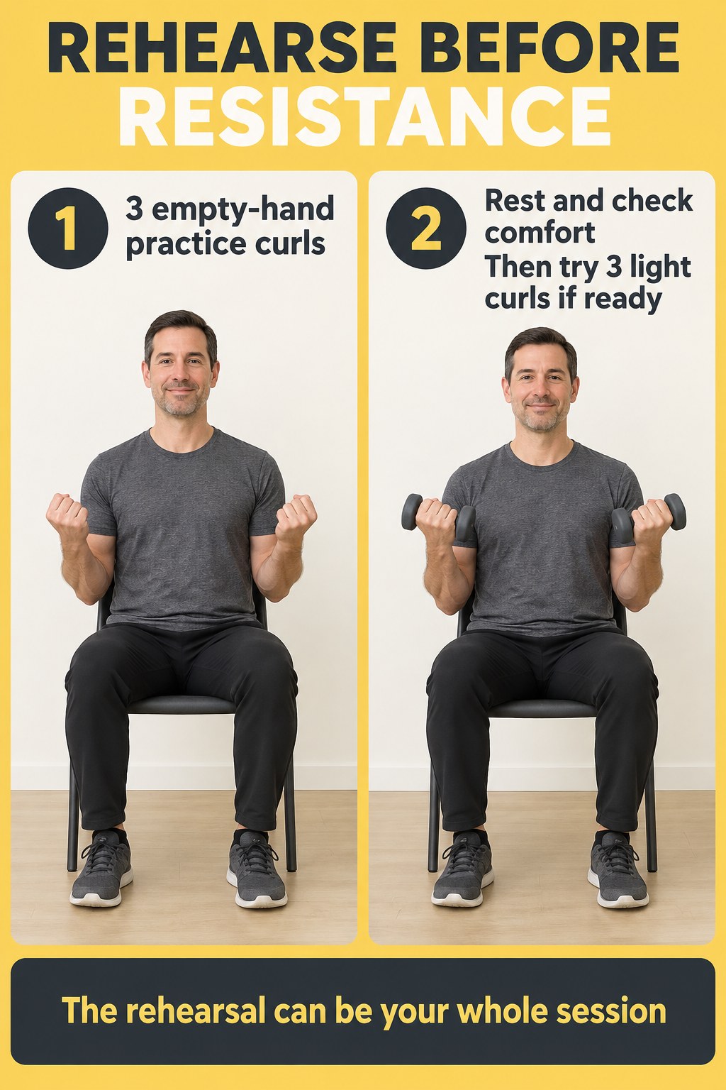 Two seated photos show a man rehearsing curls with empty hands and then using small dumbbells in a yellow and charcoal poster.