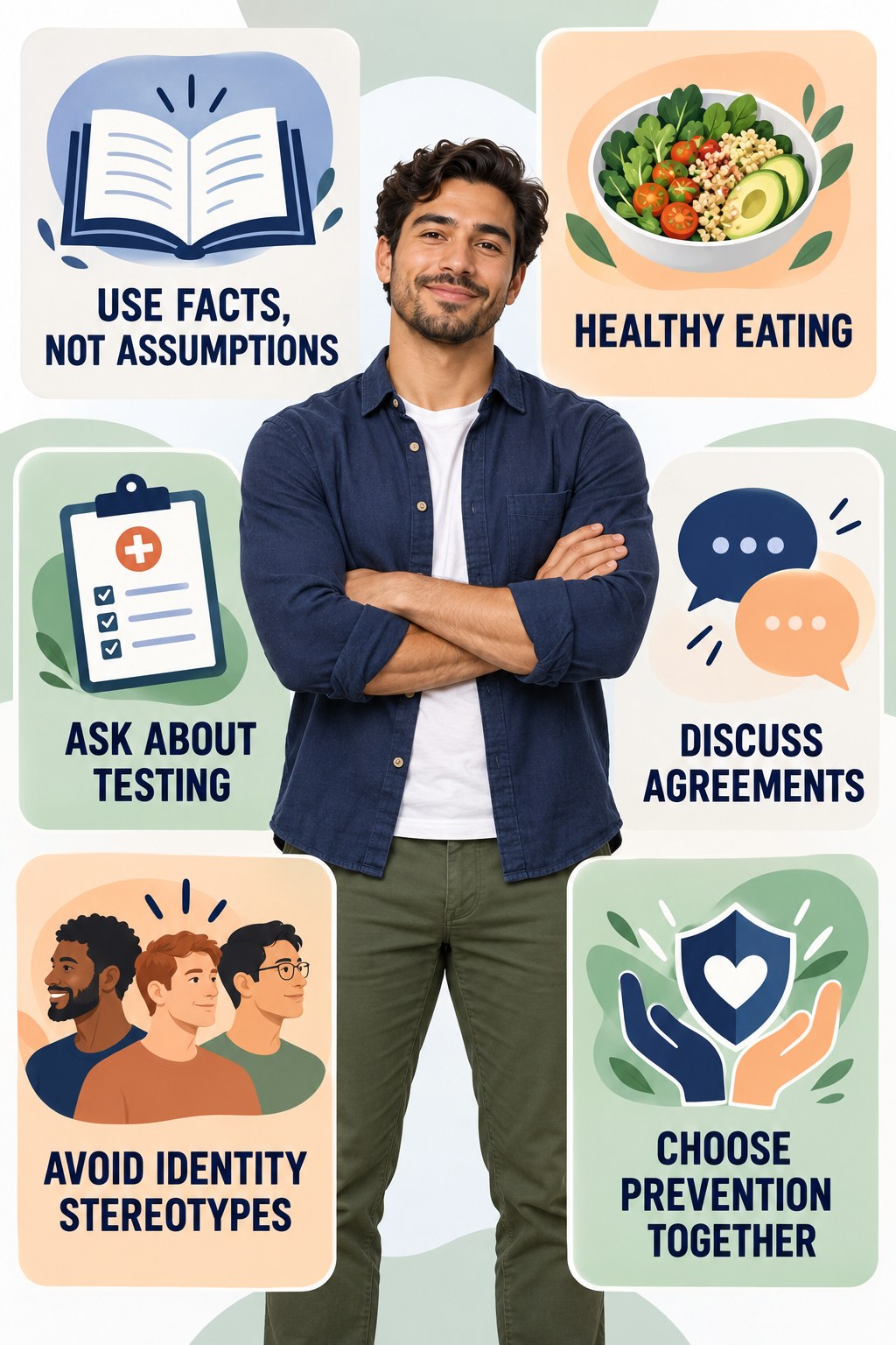 Relationship Status Does Not Define STI Risk infographic for Healthy Eating with four concise, non-shaming sexual-health education points.