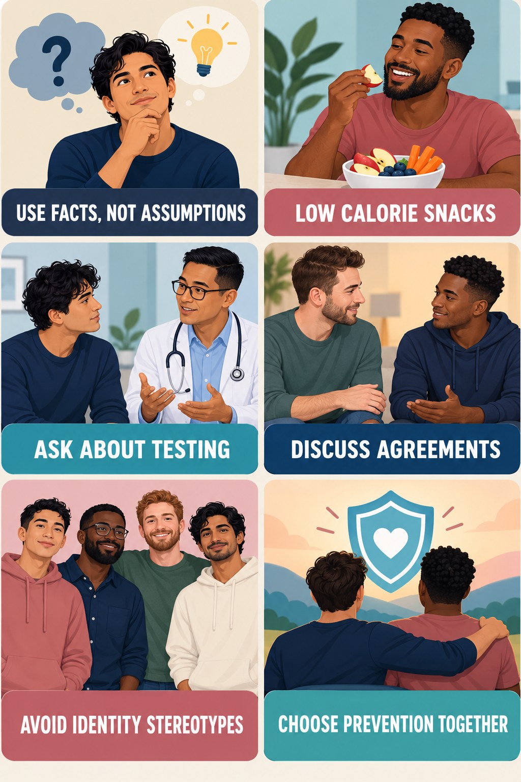 Relationship Status Does Not Define STI Risk infographic for Low Calorie Snacks with four concise, non-shaming sexual-health education points.