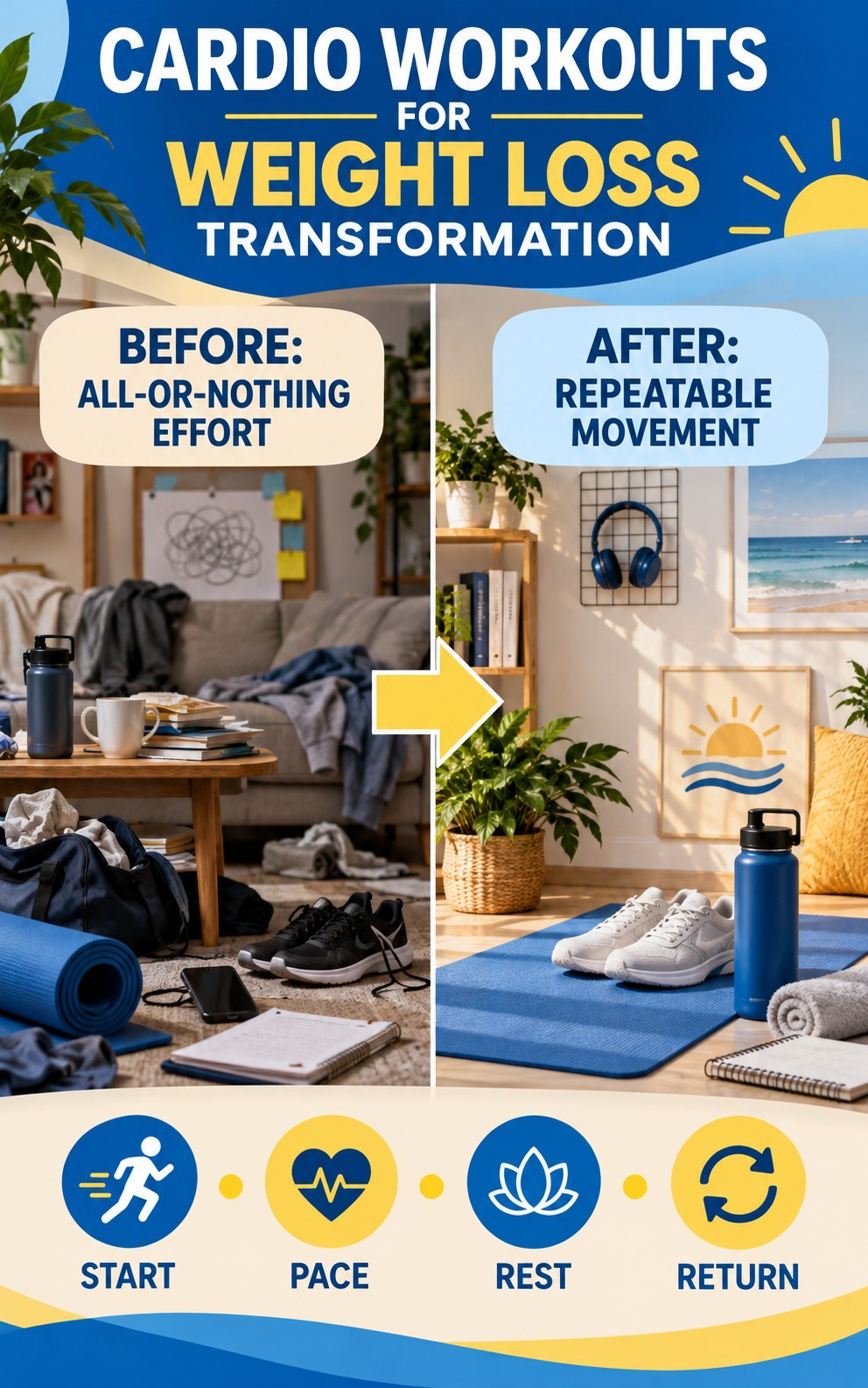 Cardio Workouts for Weight Loss habit transformation graphic comparing all-or-nothing effort with repeatable movement using four practical steps.