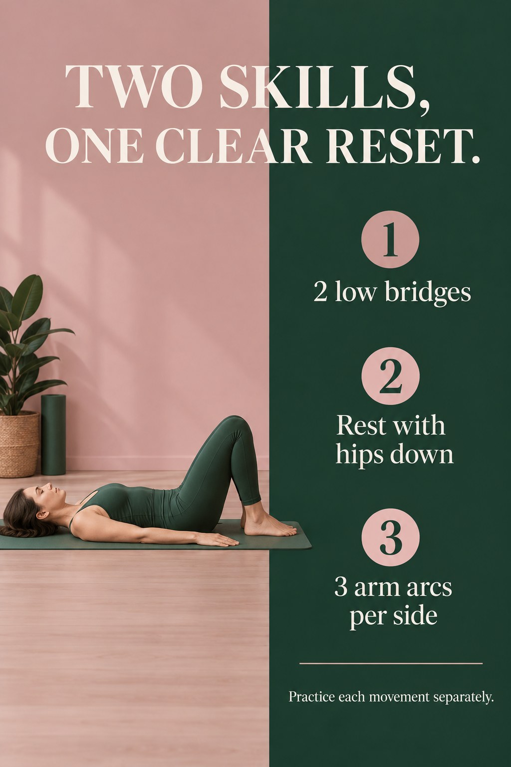 Woman resting on her back on a mat with knees bent and feet flat before separate Pilates exercises.