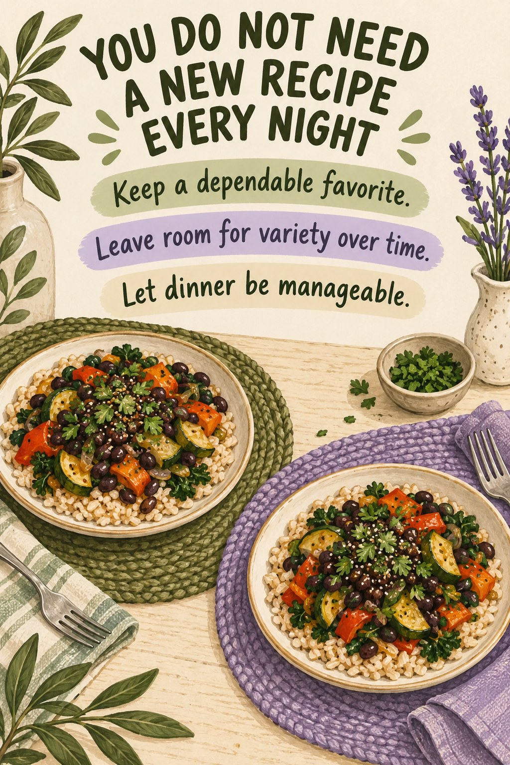 Two ordinary dinner plates with similar vegetable and bean meals on different colored placemats.