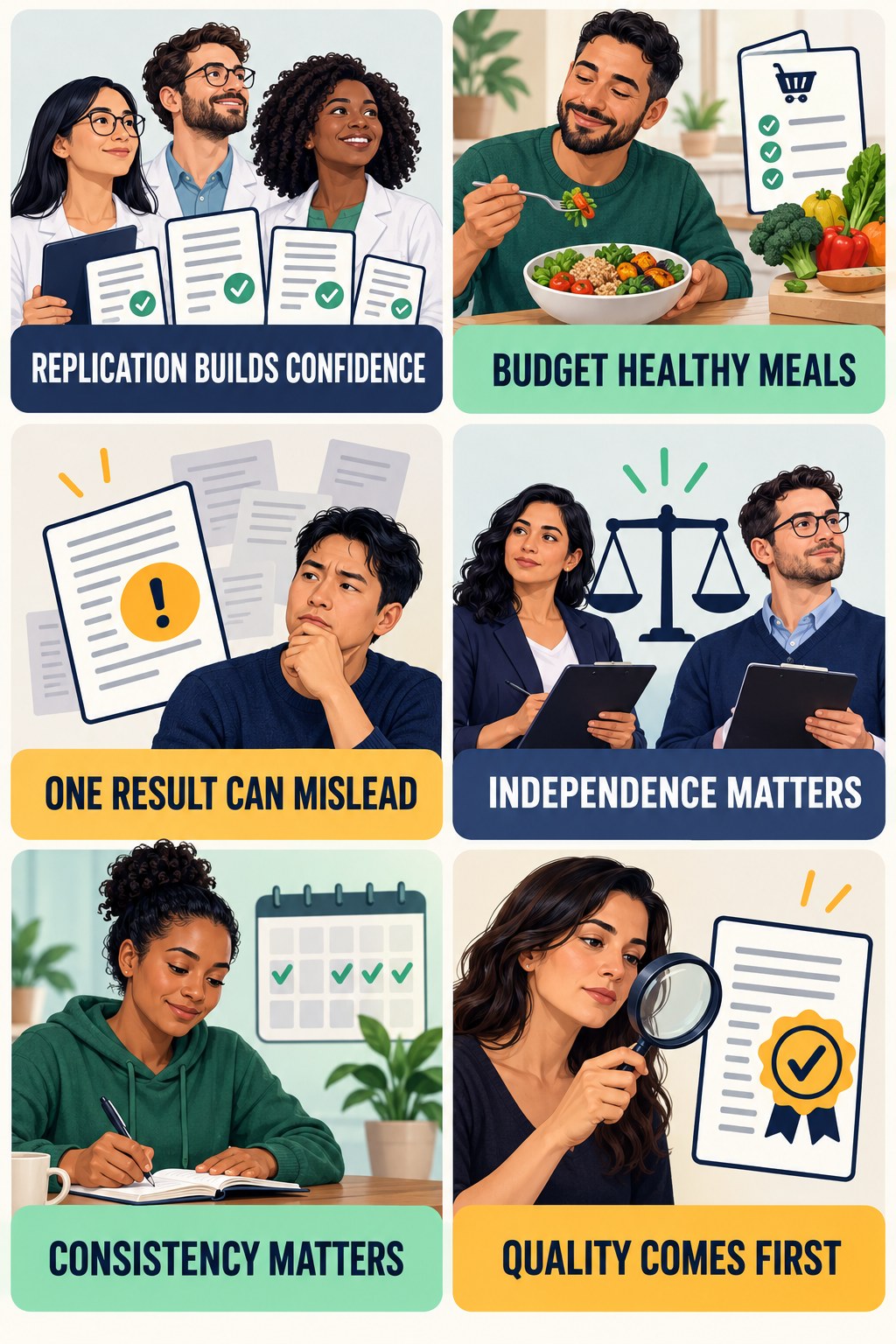 Replication Strengthens Confidence evidence-literacy infographic for Budget Healthy Meals with four concise claim-evaluation checks.