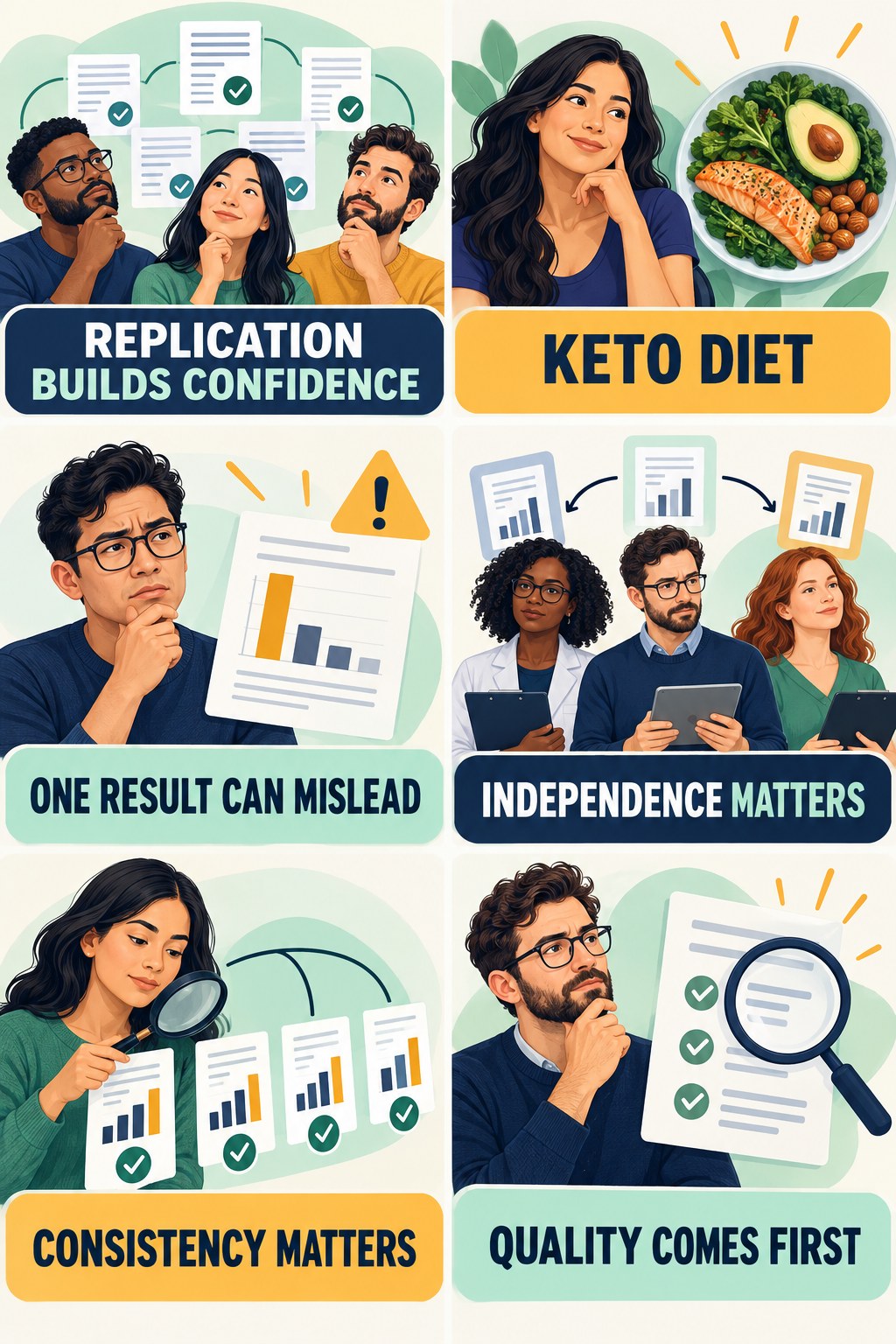 Replication Strengthens Confidence evidence-literacy infographic for Keto Diet with four concise claim-evaluation checks.