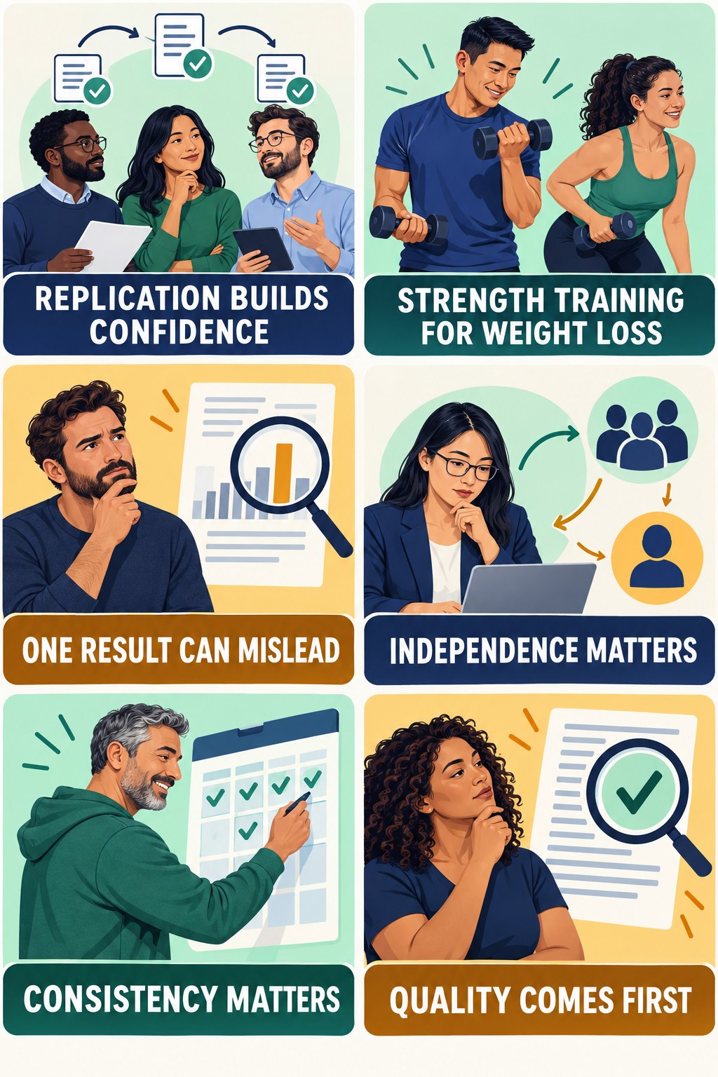 Replication Strengthens Confidence evidence-literacy infographic for Strength Training for Weight Loss with four concise claim-evaluation checks.