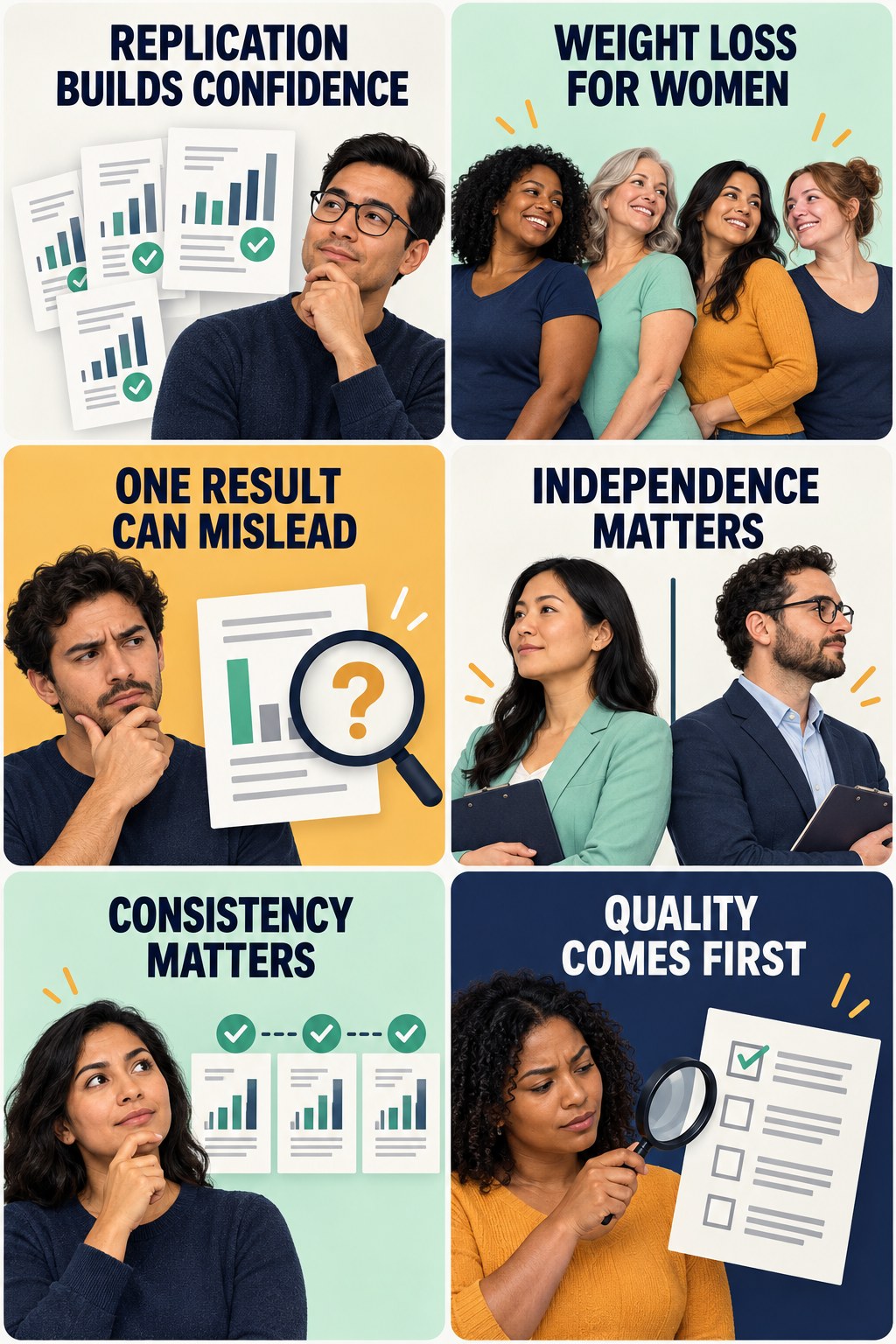 Replication Strengthens Confidence evidence-literacy infographic for Weight Loss for Women with four concise claim-evaluation checks.