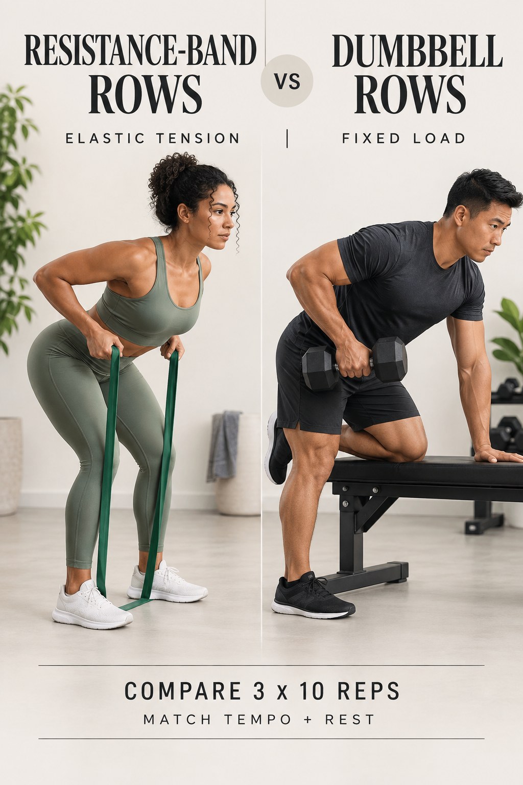 Adults demonstrating resistance-band rows and supported dumbbell rows with controlled strength-training form.