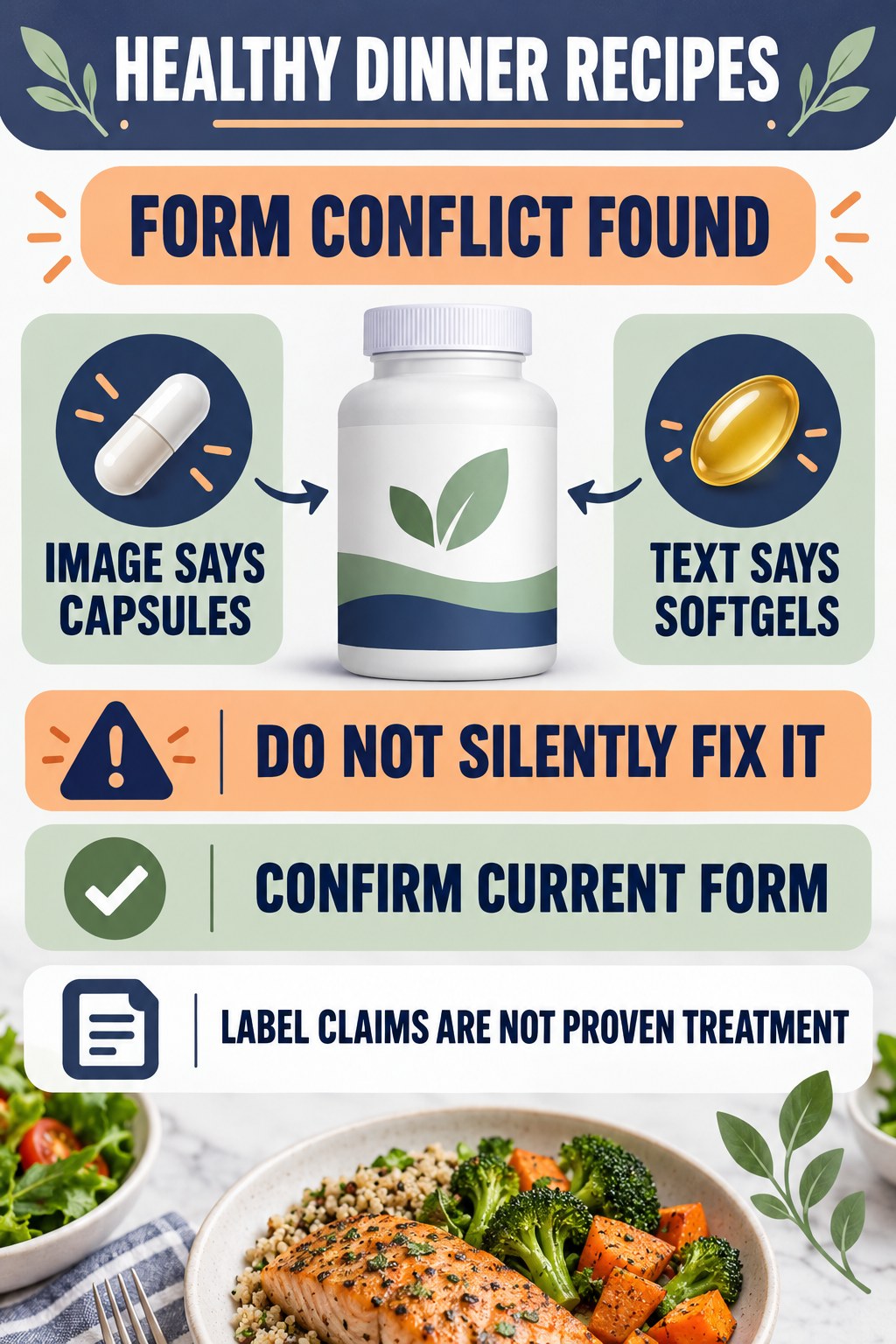 Resolve Capsules Versus Softgels Before Use prostate supplement label-literacy infographic for Healthy Dinner Recipes with four careful reading points.