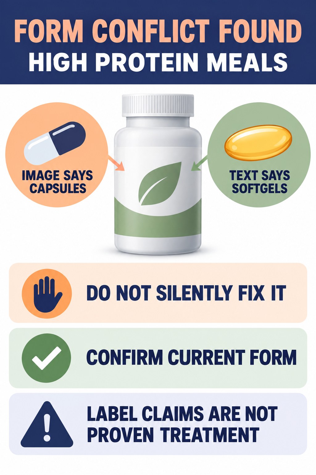 Resolve Capsules Versus Softgels Before Use prostate supplement label-literacy infographic for High Protein Meals with four careful reading points.