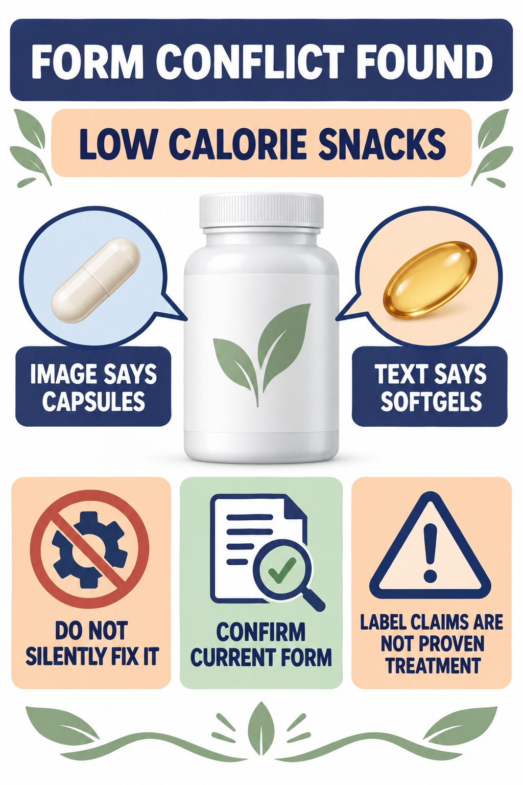 Resolve Capsules Versus Softgels Before Use prostate supplement label-literacy infographic for Low Calorie Snacks with four careful reading points.