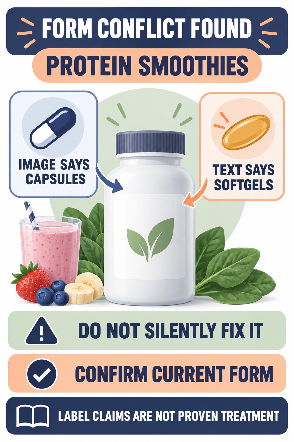 Resolve Capsules Versus Softgels Before Use prostate supplement label-literacy infographic for Protein Smoothies with four careful reading points.