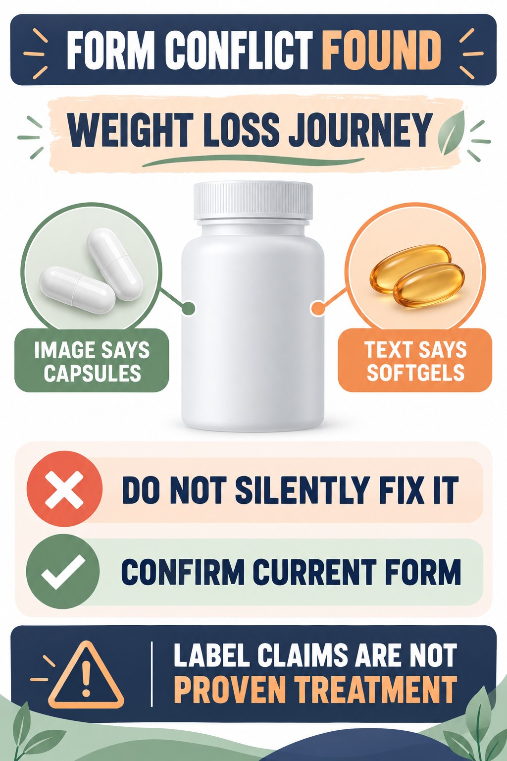Resolve Capsules Versus Softgels Before Use prostate supplement label-literacy infographic for Weight Loss Journey with four careful reading points.