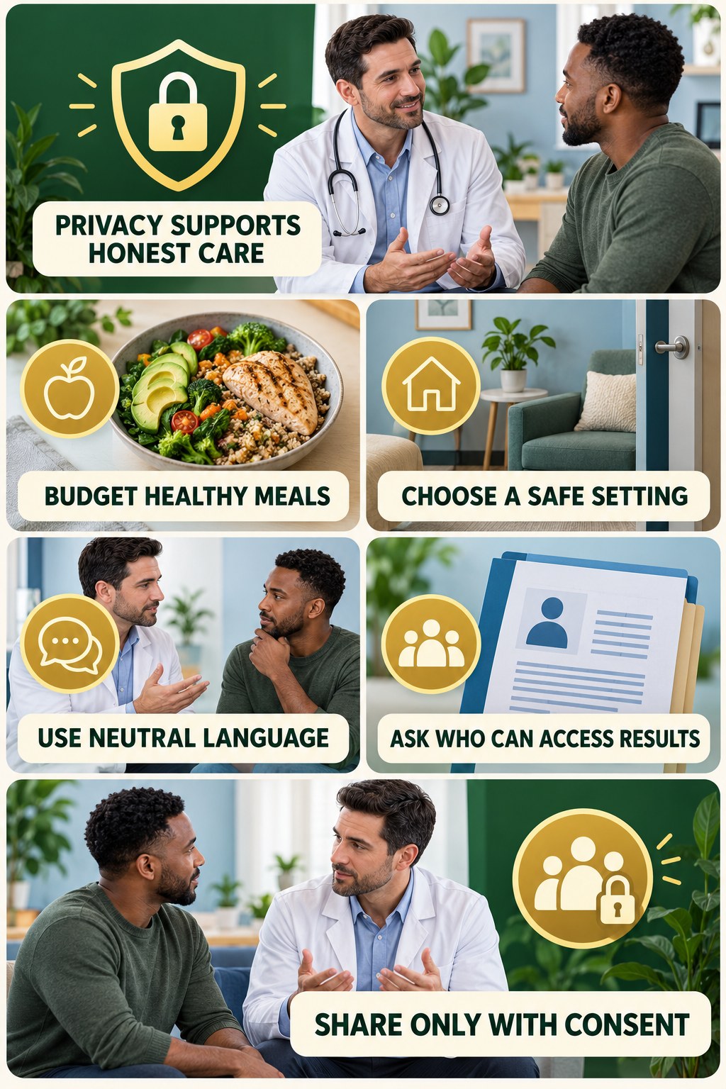 Respect Privacy During Sexual Health Conversations infographic for Budget Healthy Meals with four concise, non-shaming sexual-health education points.