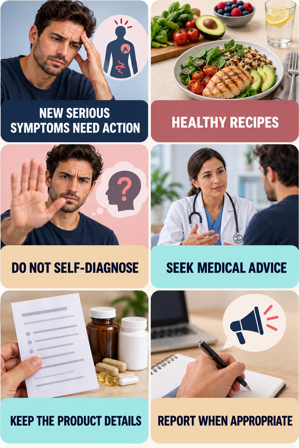 Respond Safely to a Suspected Adverse Event supplement-interaction safety infographic for Healthy Recipes with four concise review points.