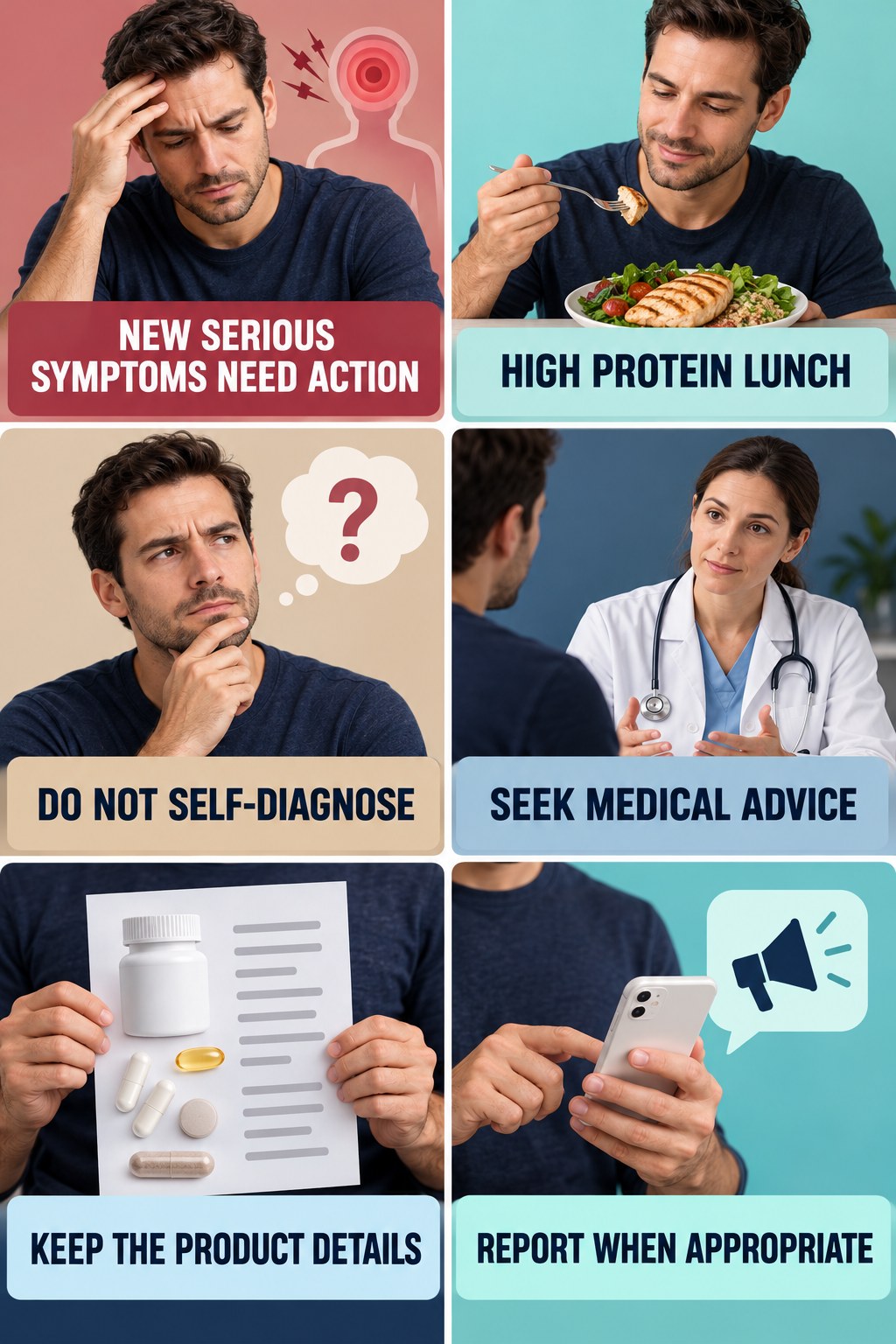 Respond Safely to a Suspected Adverse Event supplement-interaction safety infographic for High Protein Lunch with four concise review points.