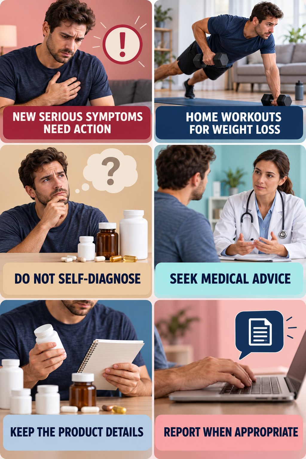 Respond Safely to a Suspected Adverse Event supplement-interaction safety infographic for Home Workouts for Weight Loss with four concise review points.
