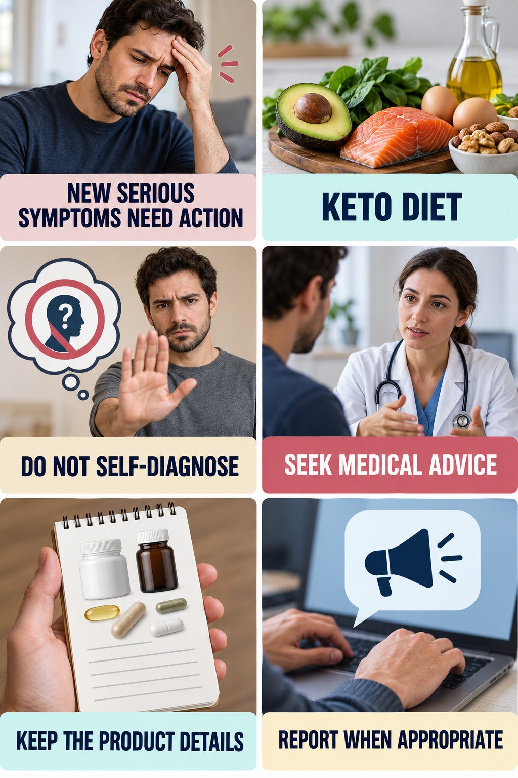 Respond Safely to a Suspected Adverse Event supplement-interaction safety infographic for Keto Diet with four concise review points.