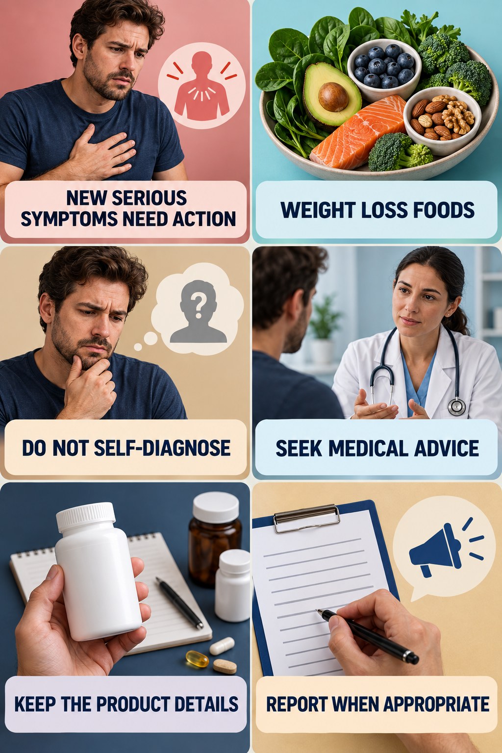 Respond Safely to a Suspected Adverse Event supplement-interaction safety infographic for Weight Loss Foods with four concise review points.