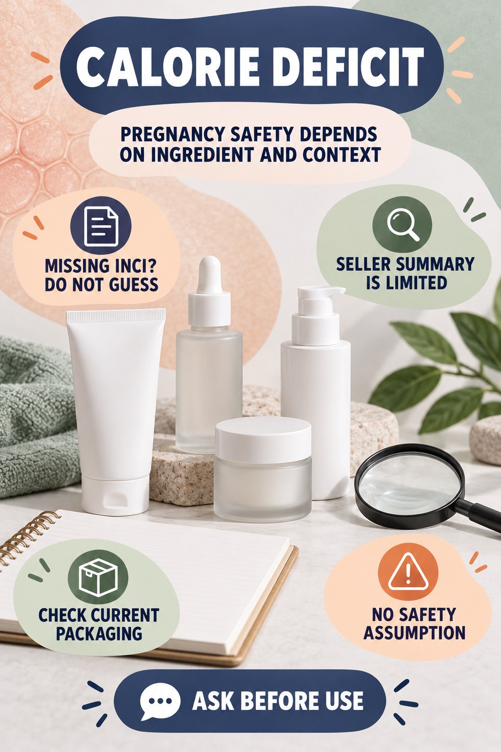 Respond When the Full Ingredient List Is Missing pregnancy skincare ingredient-question infographic for Calorie Deficit with four careful label-review points.