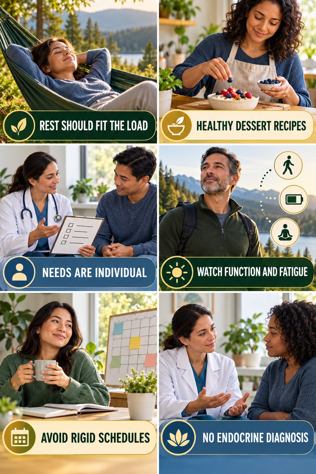 Rest Days Should Fit the Training Load natural-energy and hormone-health-literacy infographic for Healthy Dessert Recipes with four practical checks.