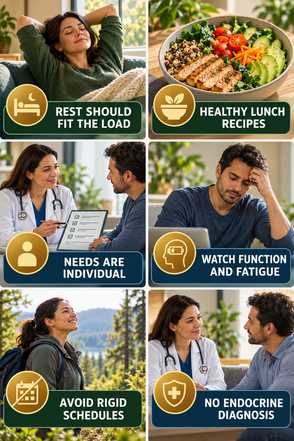 Rest Days Should Fit the Training Load natural-energy and hormone-health-literacy infographic for Healthy Lunch Recipes with four practical checks.