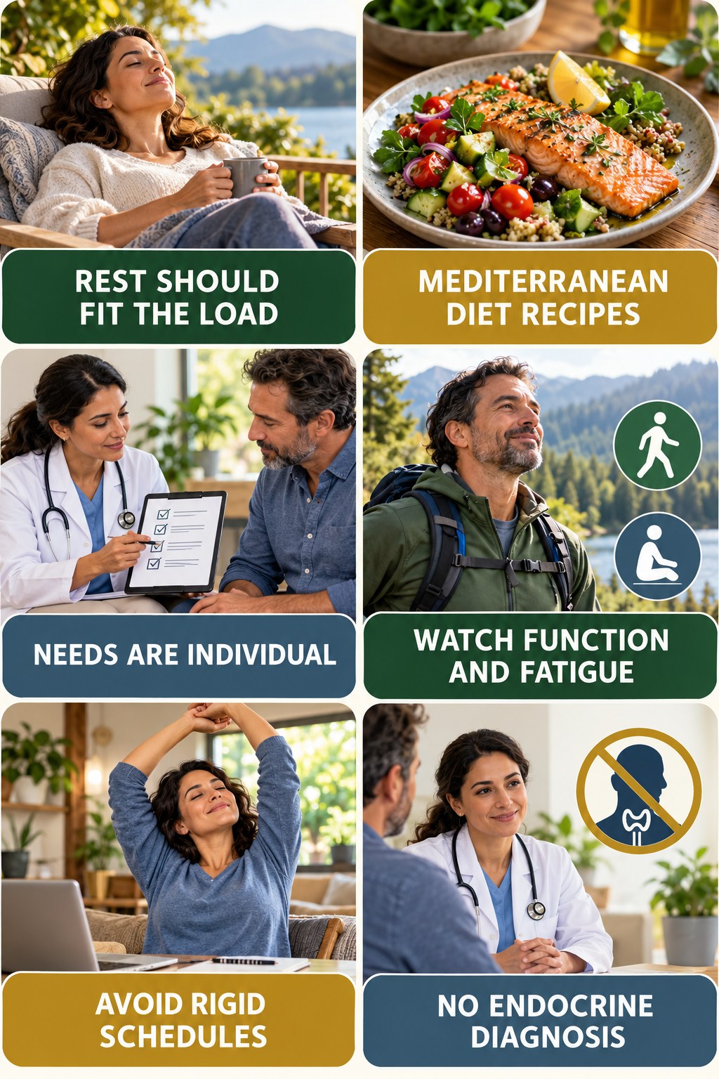 Rest Days Should Fit the Training Load natural-energy and hormone-health-literacy infographic for Mediterranean Diet Recipes with four practical checks.