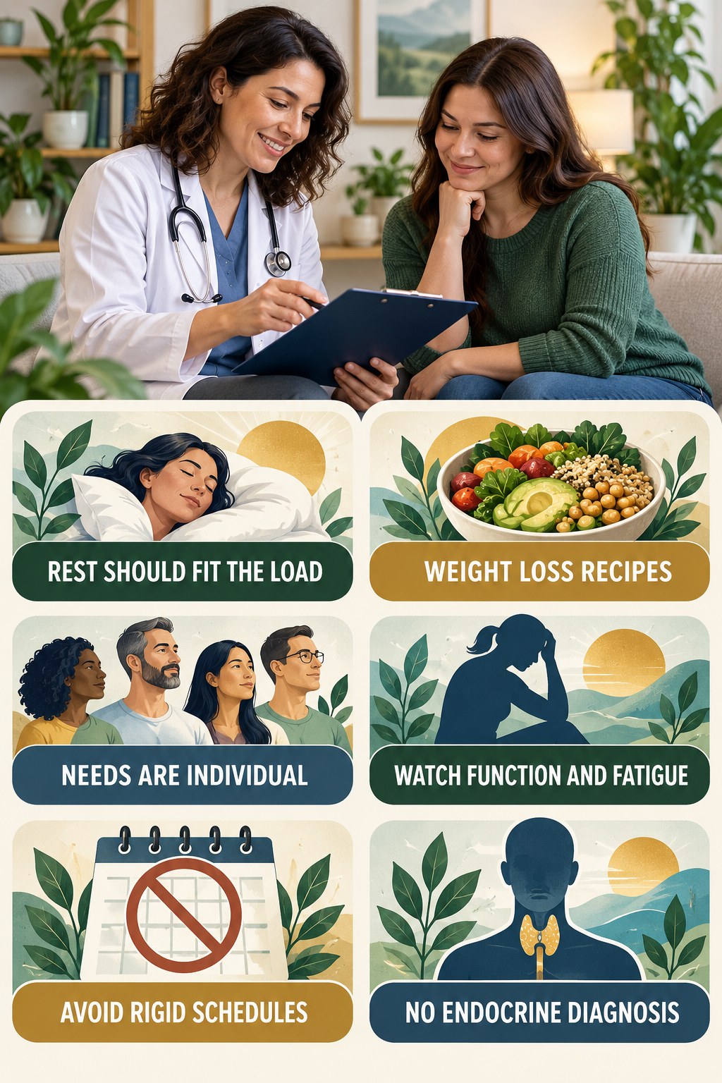 Rest Days Should Fit the Training Load natural-energy and hormone-health-literacy infographic for Weight Loss Recipes with four practical checks.
