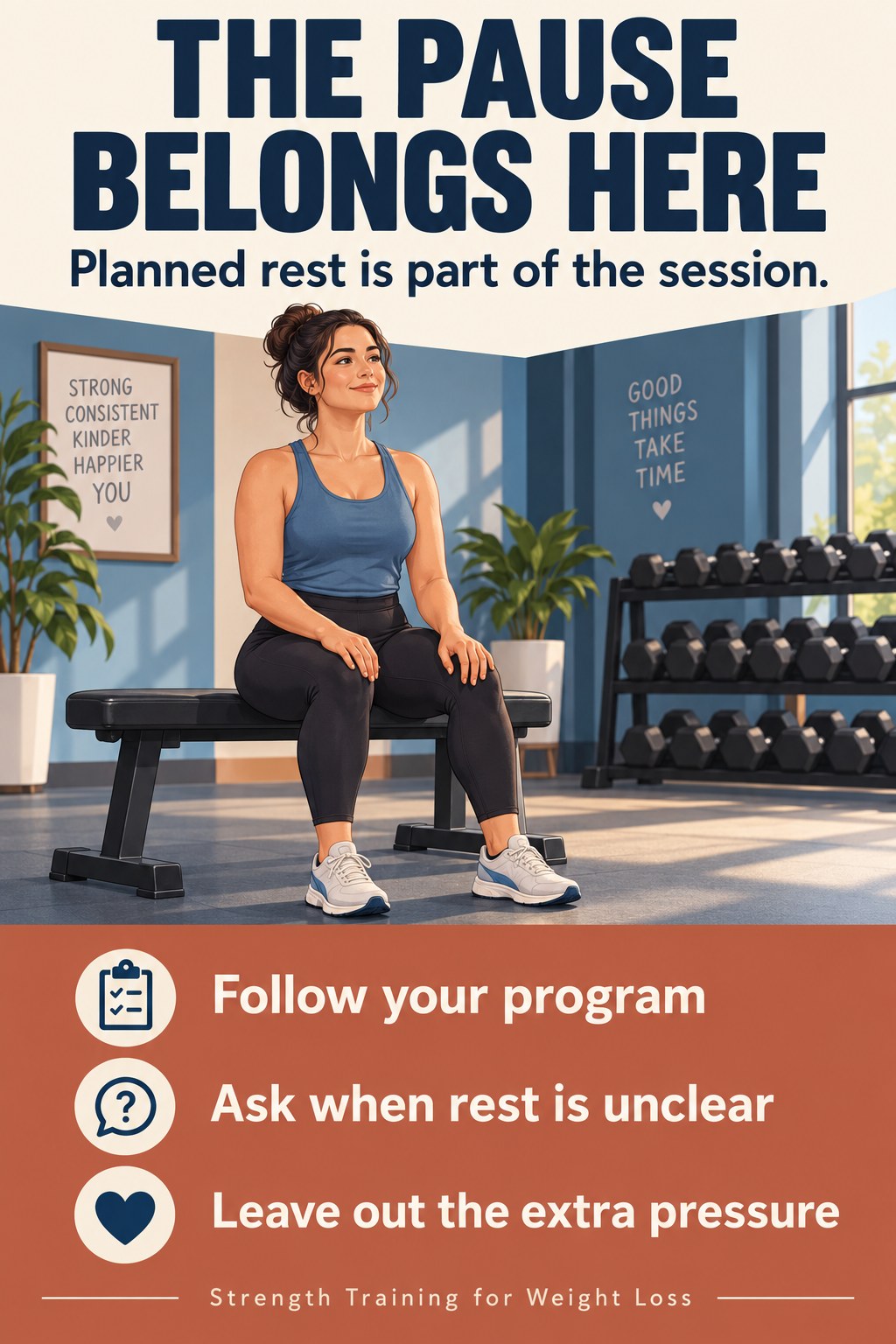 Adult resting on a stable gym bench with dumbbells stored nearby beneath a message that the pause belongs
