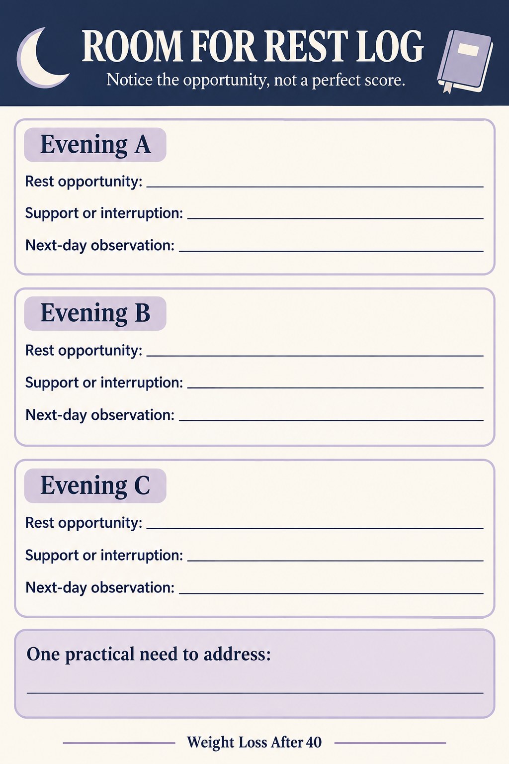 Blank three-evening rest opportunity tracker with space for supports, interruptions, and observations