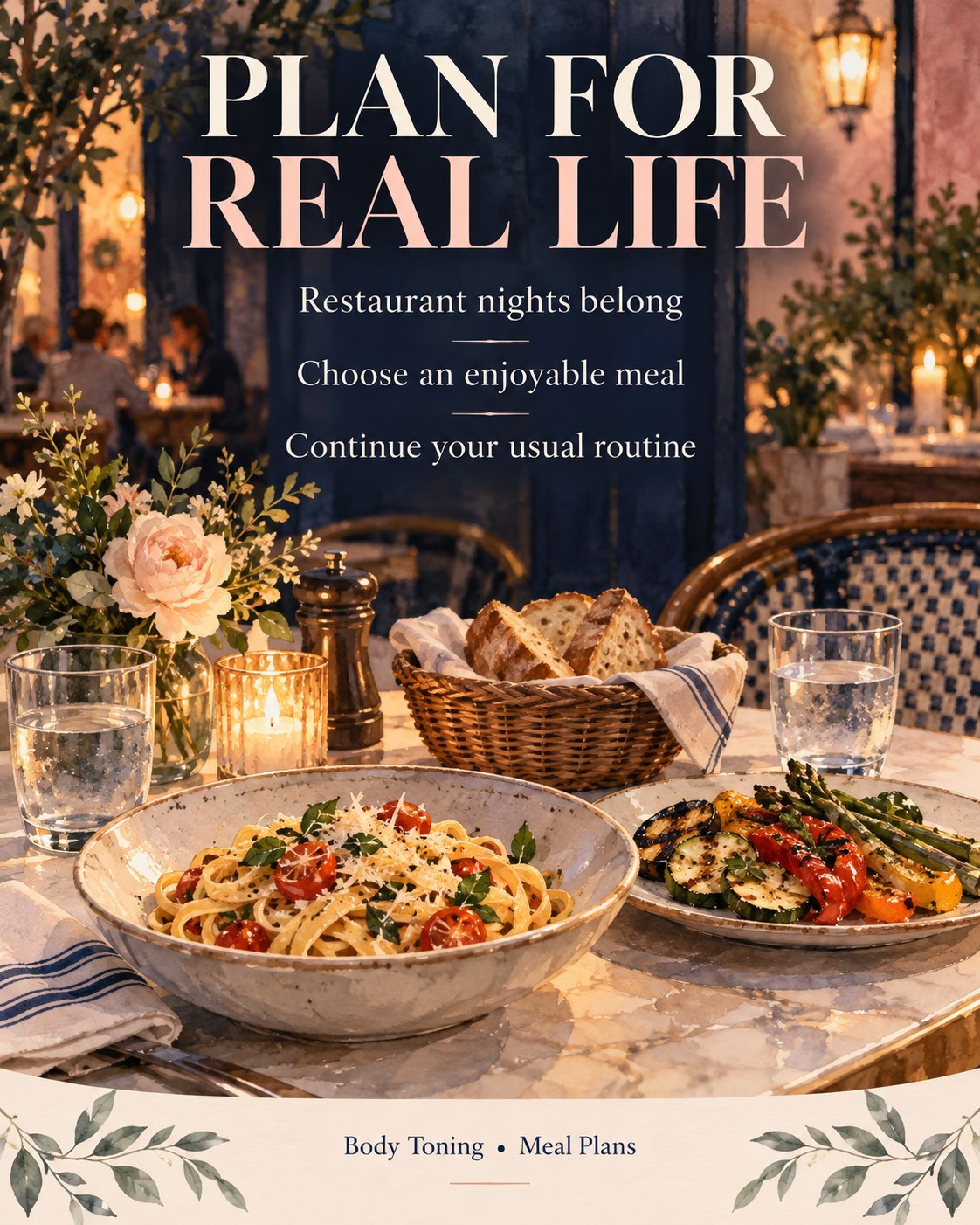 A restaurant table with a pasta meal, vegetables and bread in a welcoming evening setting.