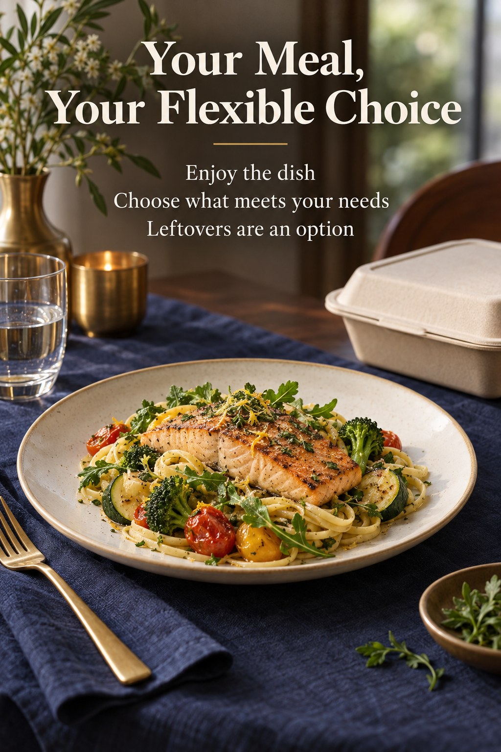Restaurant pasta and vegetable dish with a discreet takeaway container and reminders about flexible portions.
