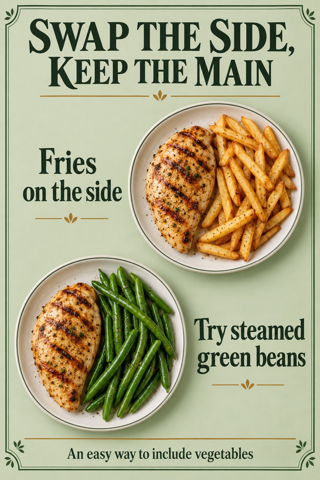 Sage bistro graphic compares grilled chicken with fries and the same main with steamed green beans.