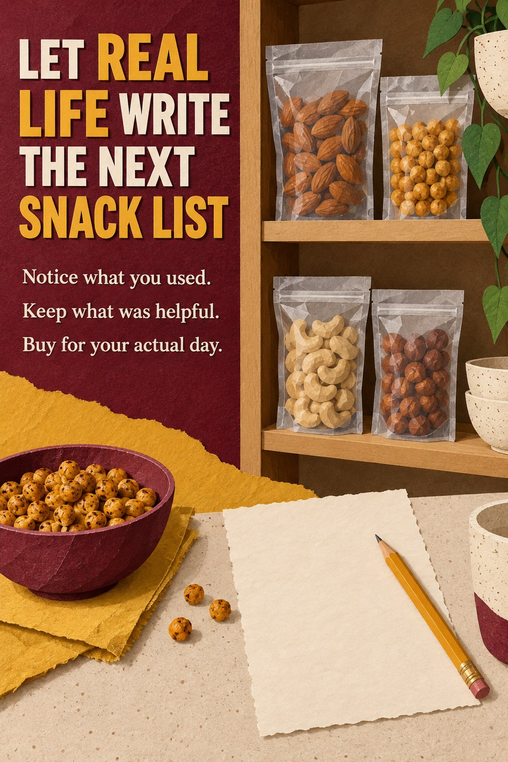 Small snack shelf with a few plain containers and a blank shopping note beside a message to let real life guide restocking.