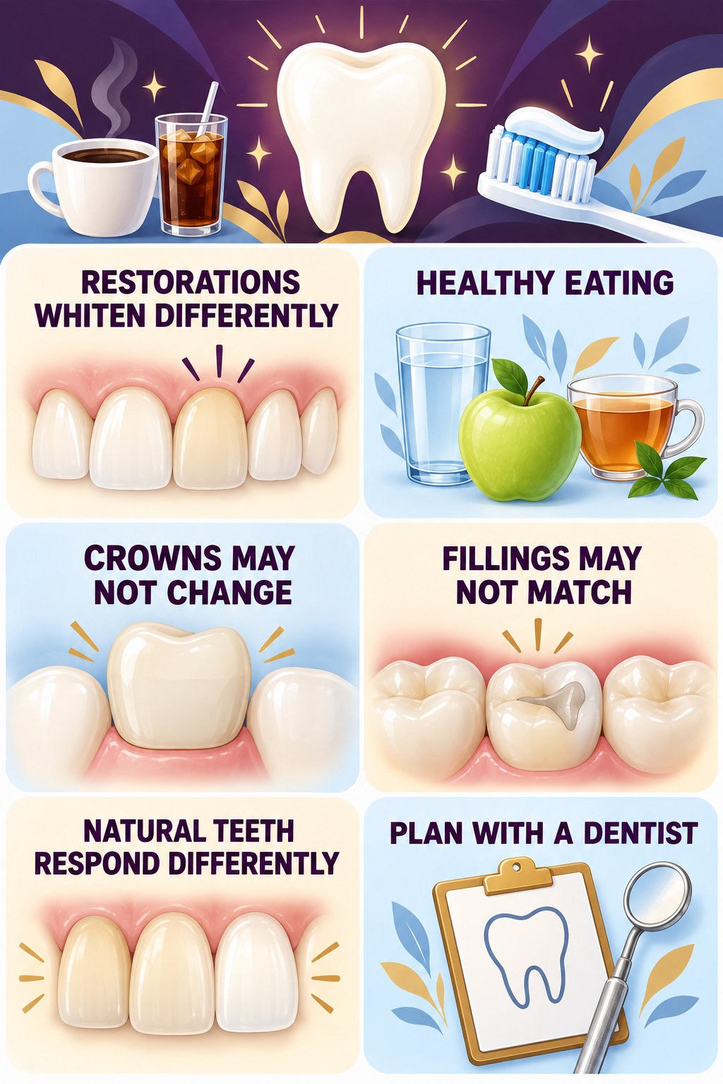 Restorations and Whitening Expectations infographic for Healthy Eating with four concise tooth-discoloration safety points.
