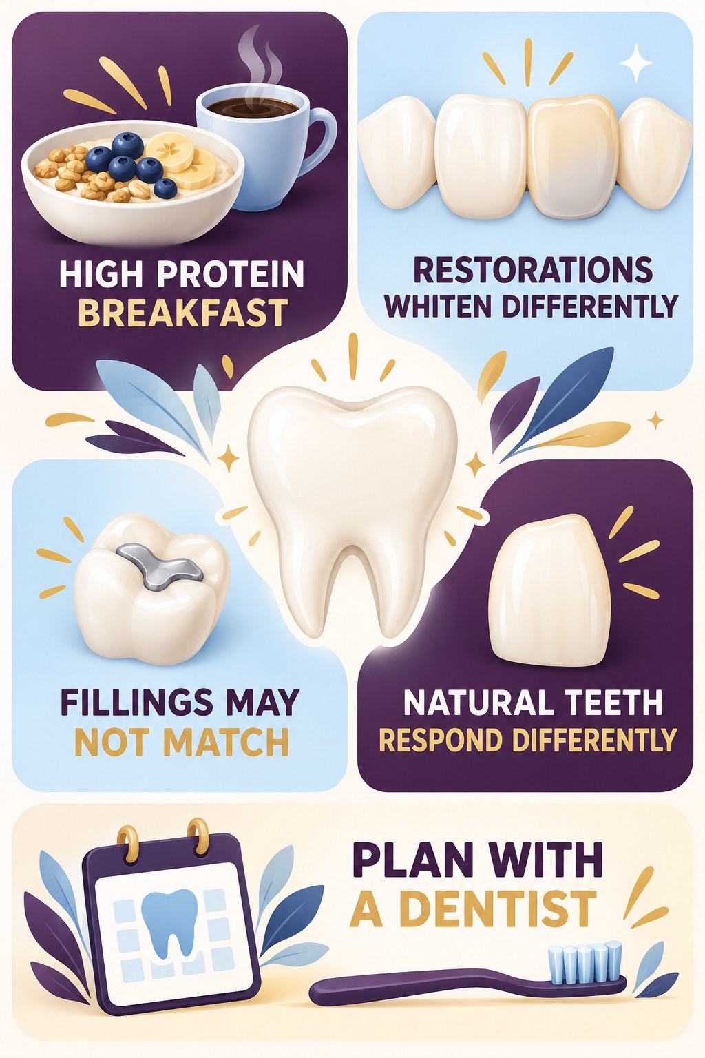 Restorations and Whitening Expectations infographic for High Protein Breakfast with four concise tooth-discoloration safety points.