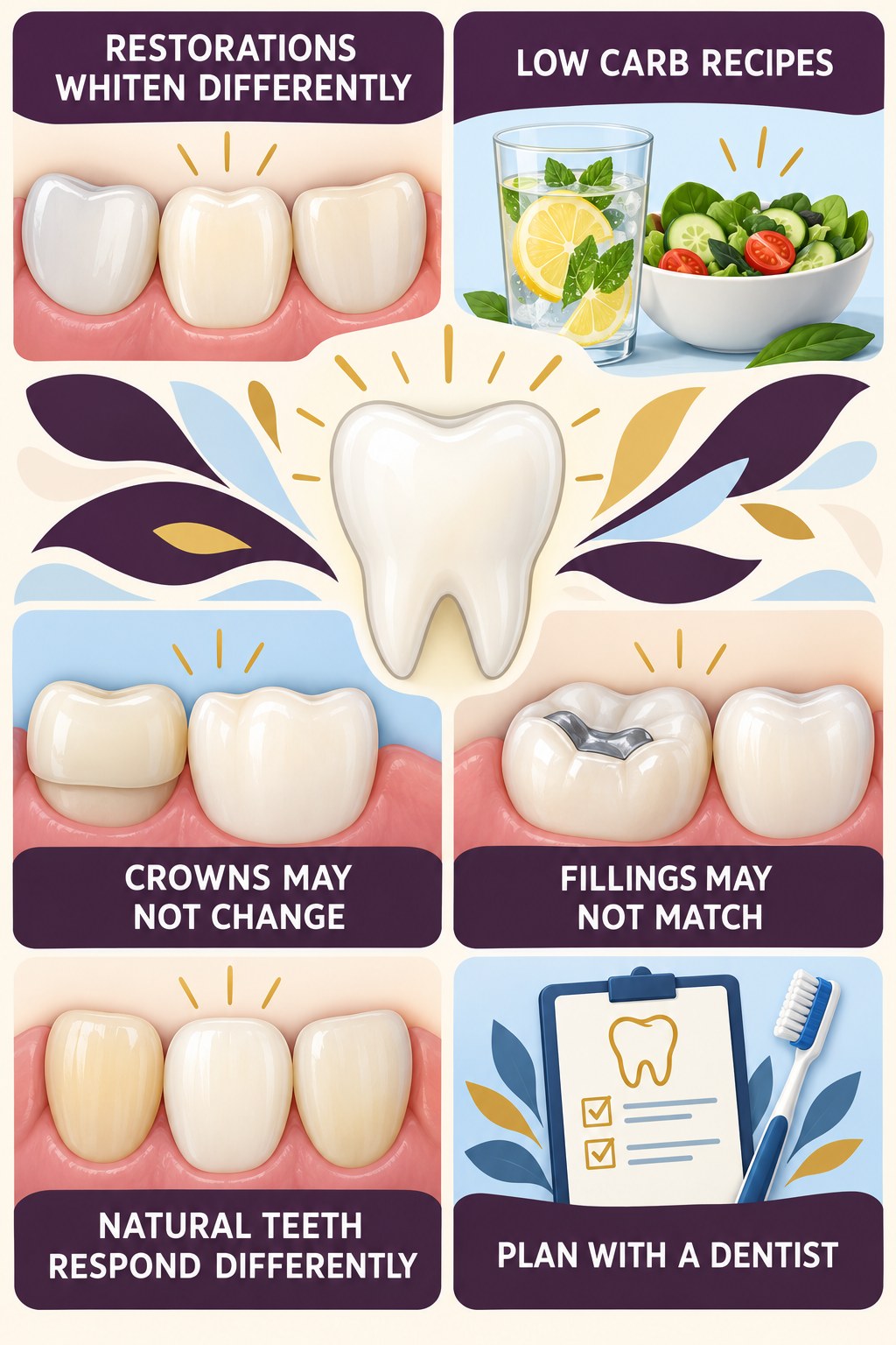 Restorations and Whitening Expectations infographic for Low Carb Recipes with four concise tooth-discoloration safety points.