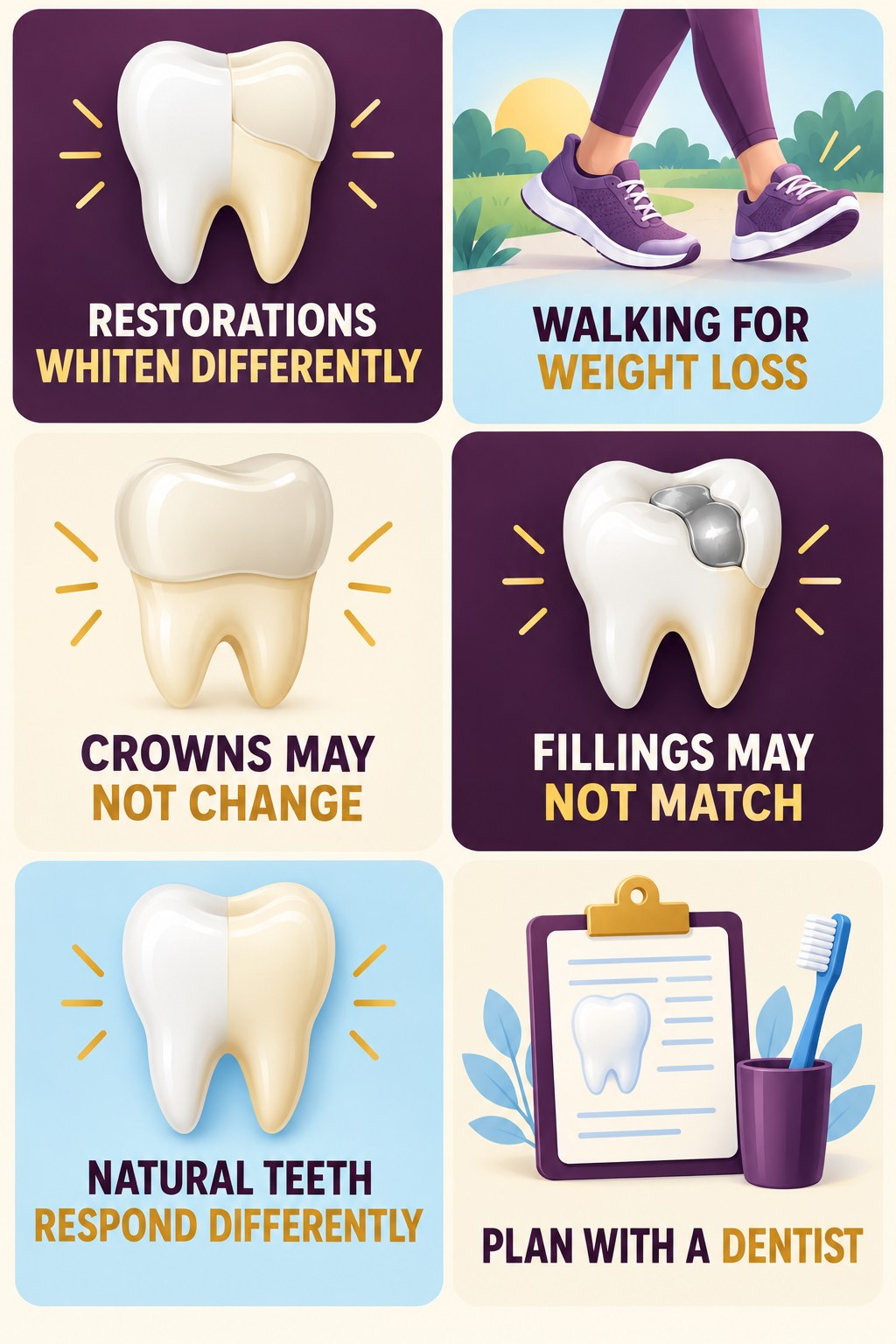 Restorations and Whitening Expectations infographic for Walking for Weight Loss with four concise tooth-discoloration safety points.
