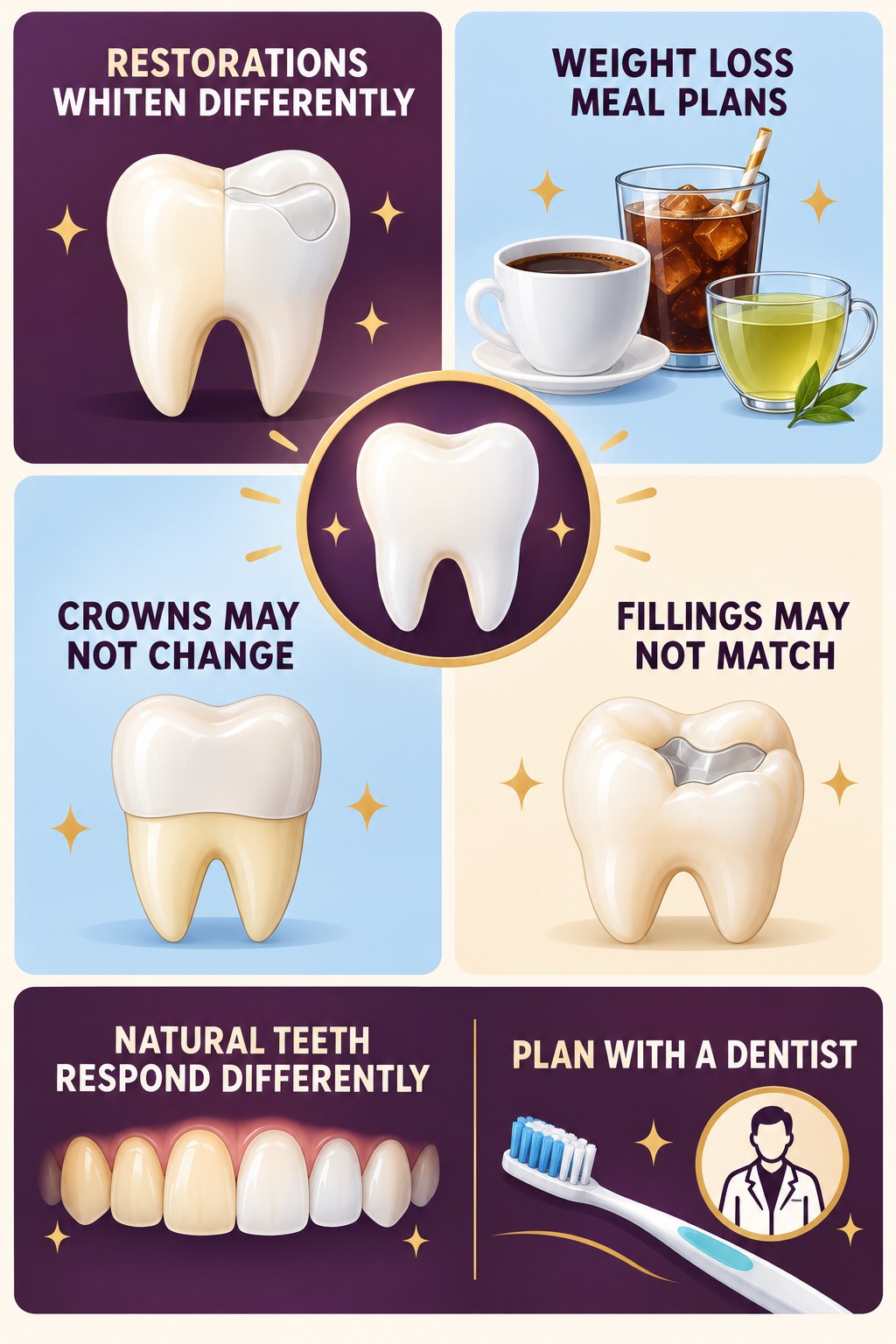 Restorations and Whitening Expectations infographic for Weight Loss Meal Plans with four concise tooth-discoloration safety points.