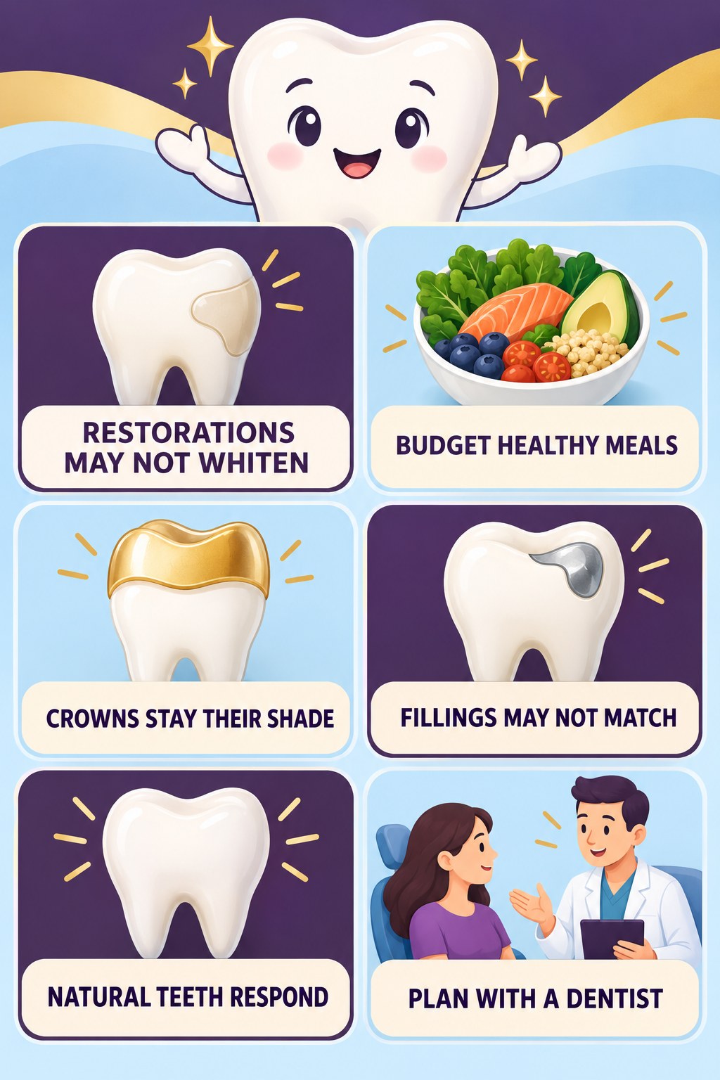 Restorations and Whitening Shade Differences infographic for Budget Healthy Meals with four concise whitening-sensitivity safety points.
