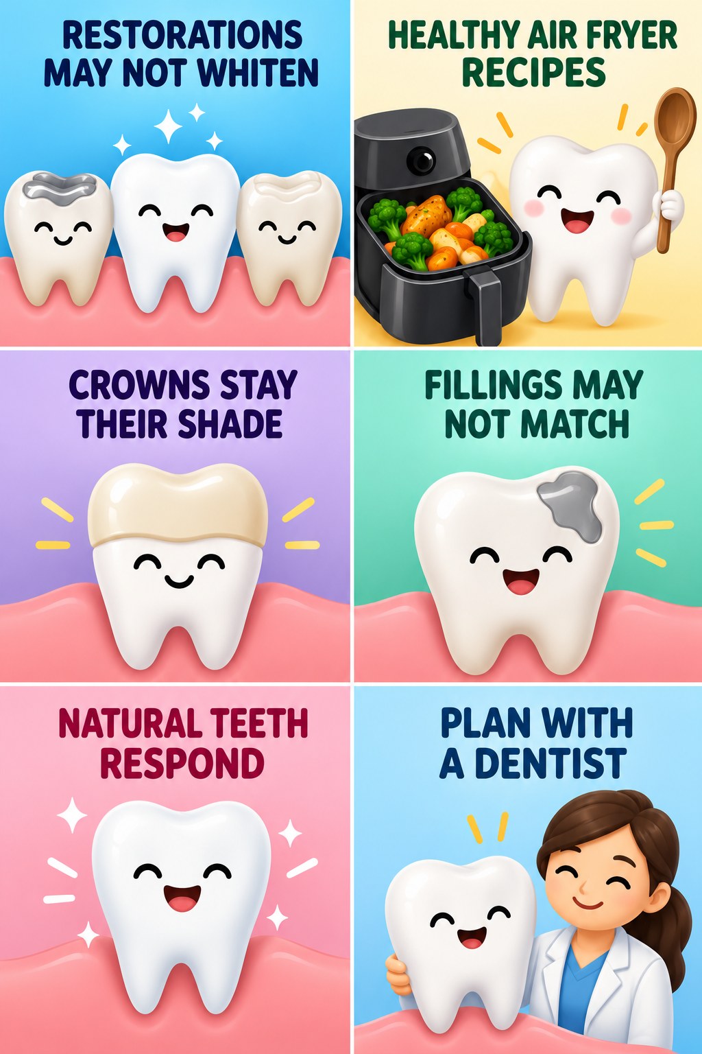 Restorations and Whitening Shade Differences infographic for Healthy Air Fryer Recipes with four concise whitening-sensitivity safety points.
