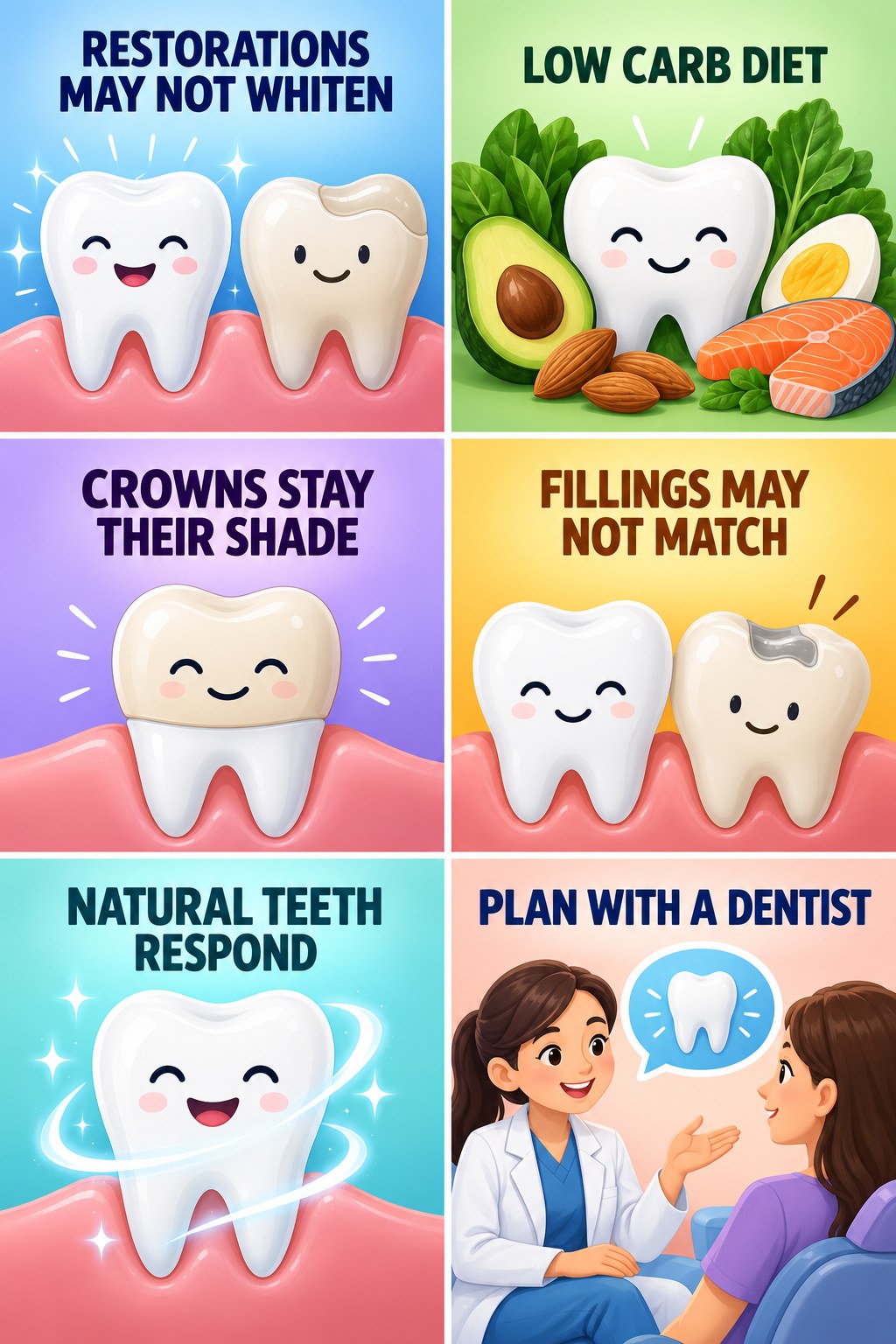 Restorations and Whitening Shade Differences infographic for Low Carb Diet with four concise whitening-sensitivity safety points.