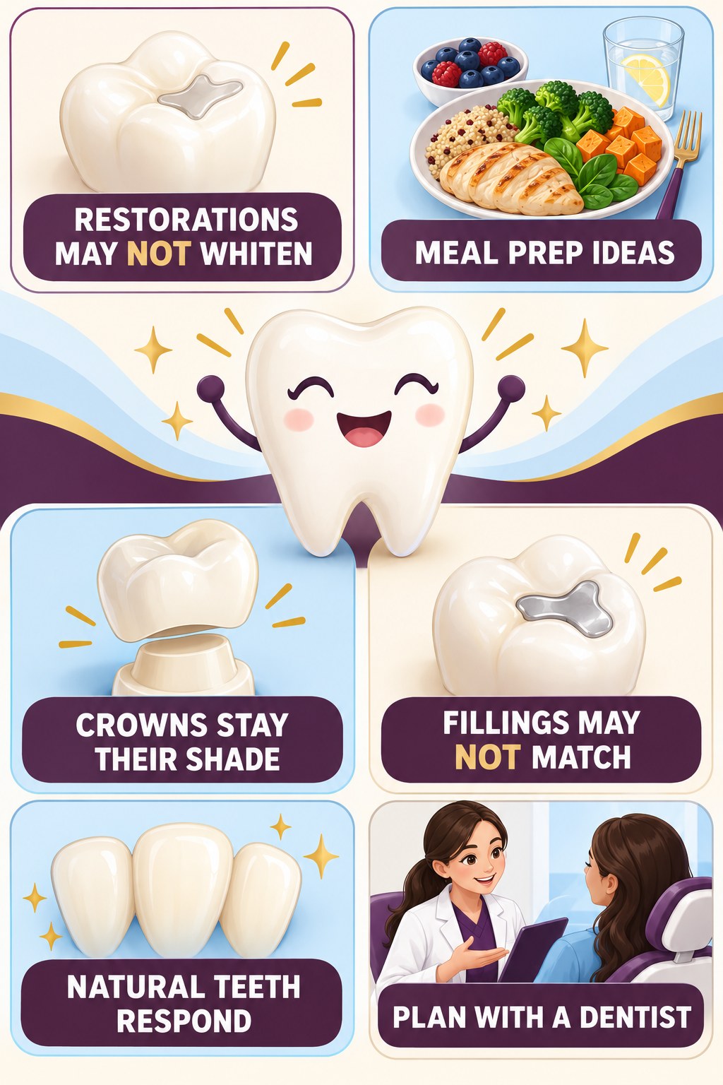Restorations and Whitening Shade Differences infographic for Meal Prep Ideas with four concise whitening-sensitivity safety points.