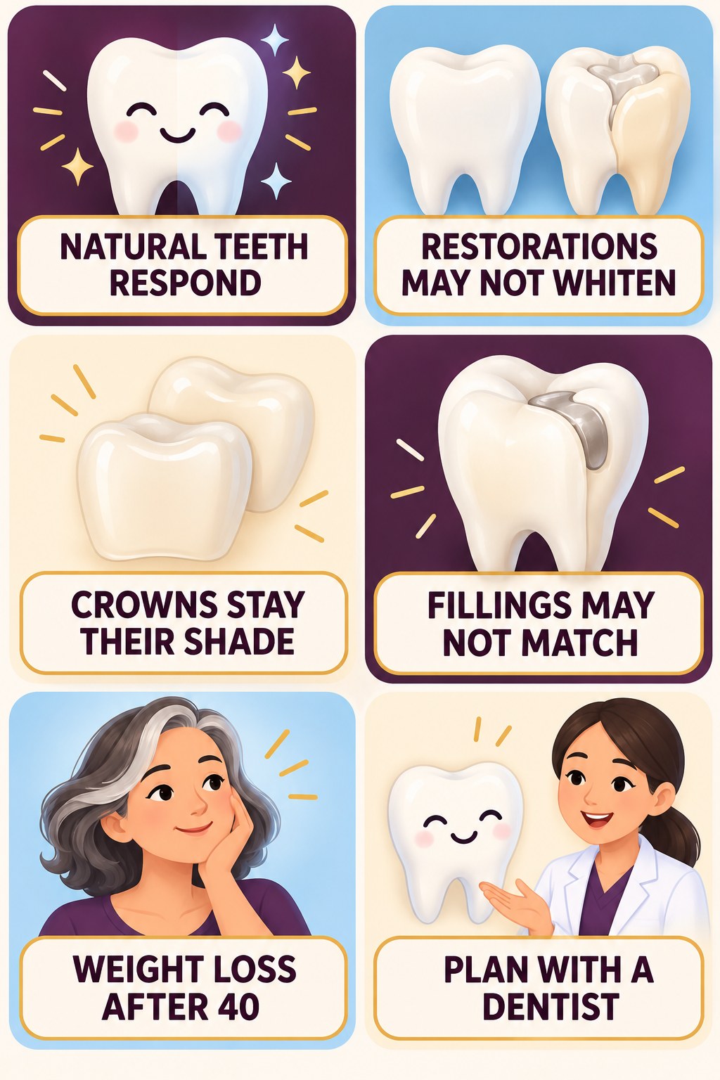 Restorations and Whitening Shade Differences infographic for Weight Loss After 40 with four concise whitening-sensitivity safety points.