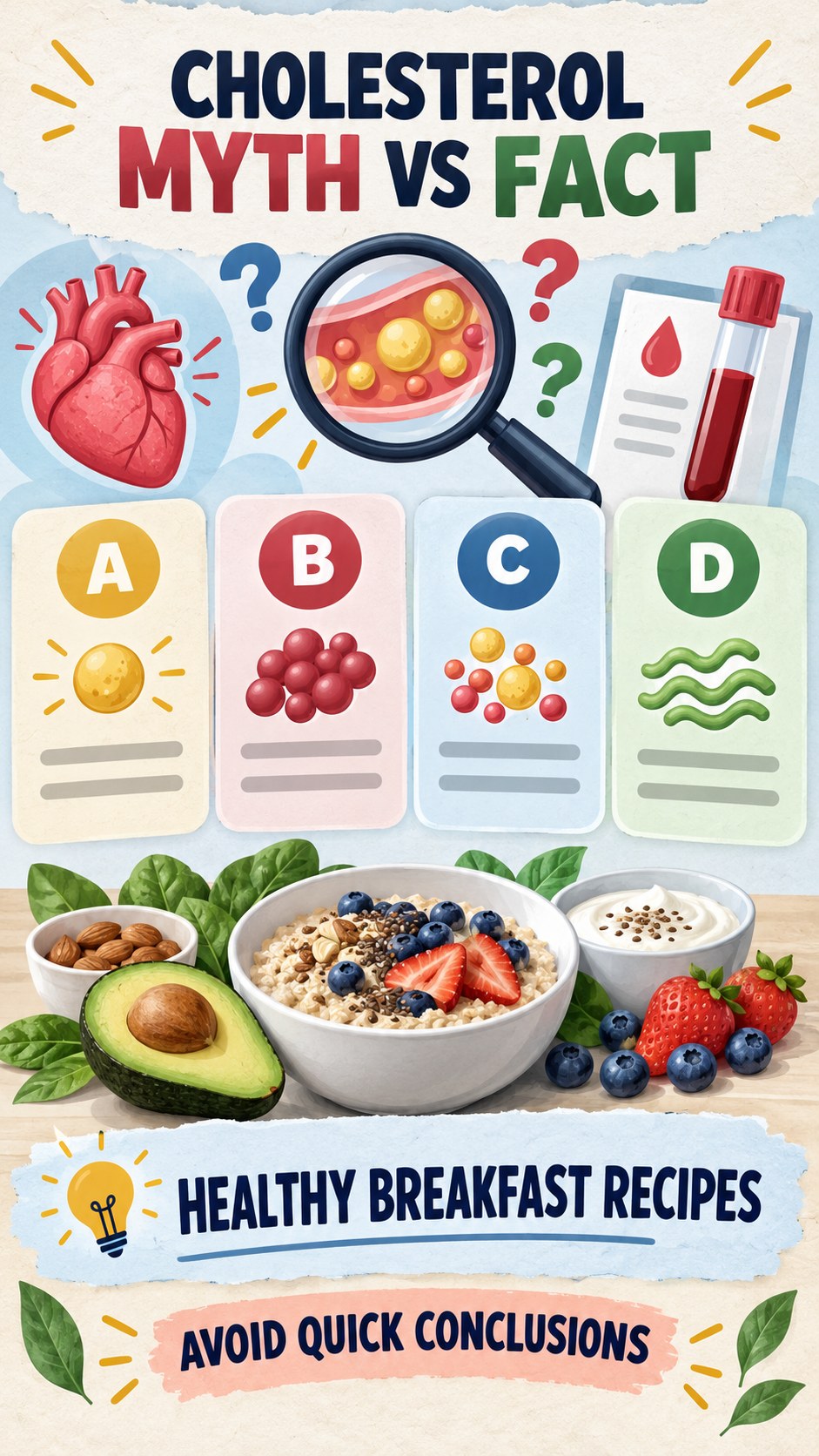 Cholesterol Myth Versus Fact infographic for Healthy Breakfast Recipes, using a non-numerical educational lipid-panel layout with question and context icons.